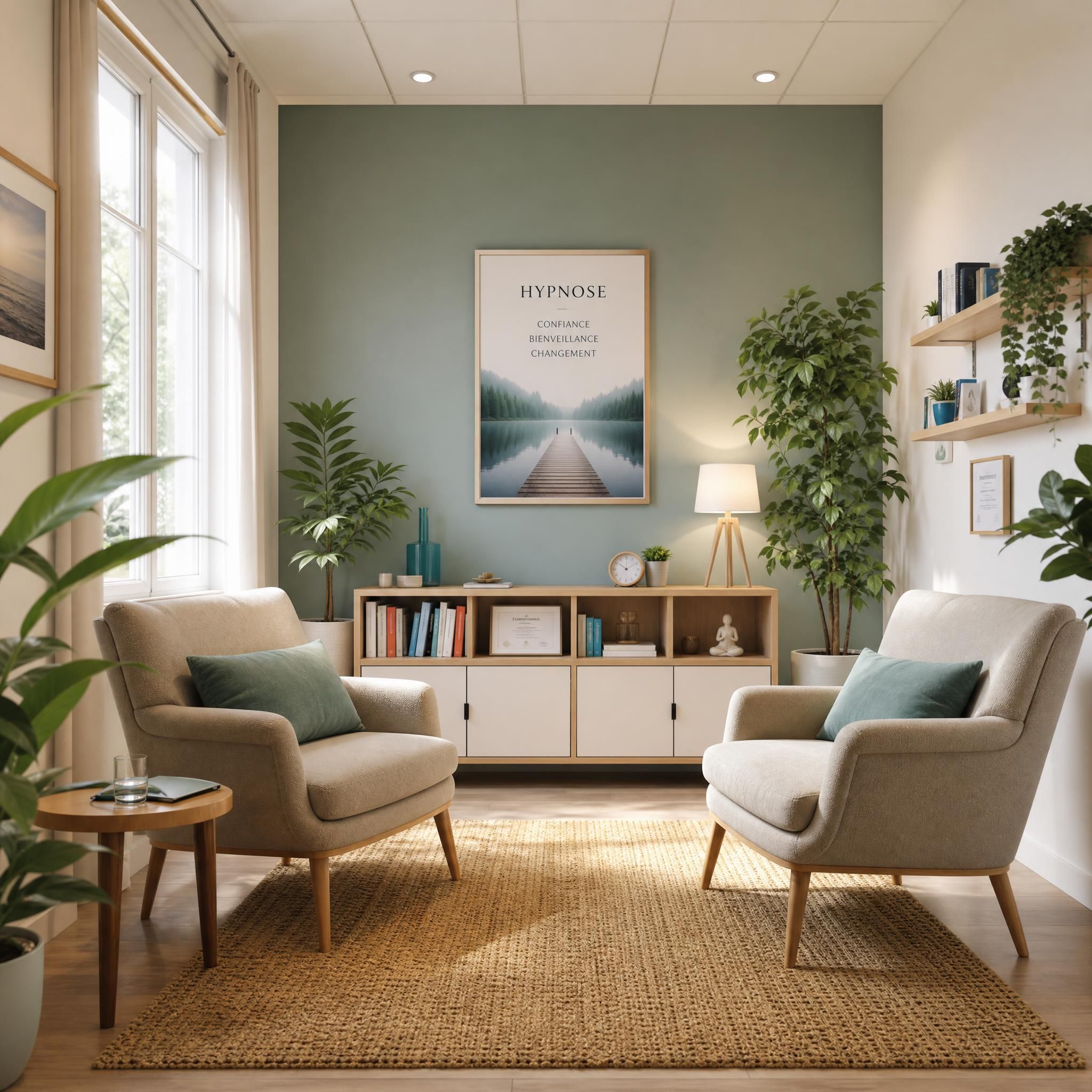Vue d'ensemble d'un cabinet d'hypnose lumineux avec deux fauteuils confortables face à face, plantes vertes, lumière naturelle douce — plan large, atmosphère de confiance et de bienveillance professionnelle