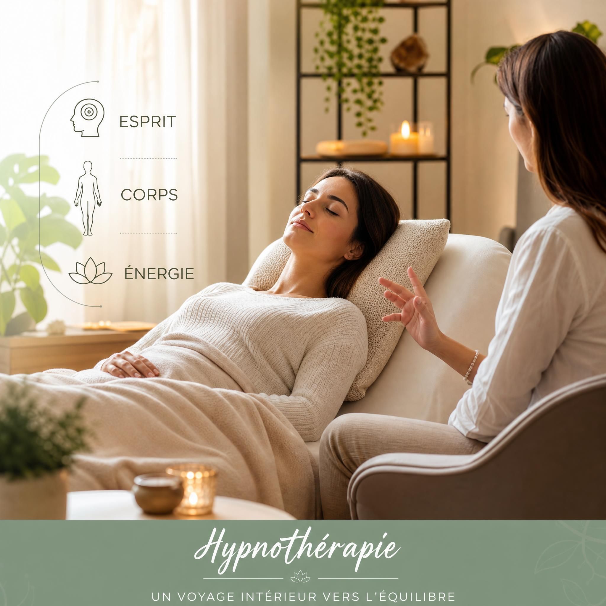 femme en séance d'hypnothérapie, lumière douce, ambiance apaisante et bienveillante, approche holistique corps esprit énergie