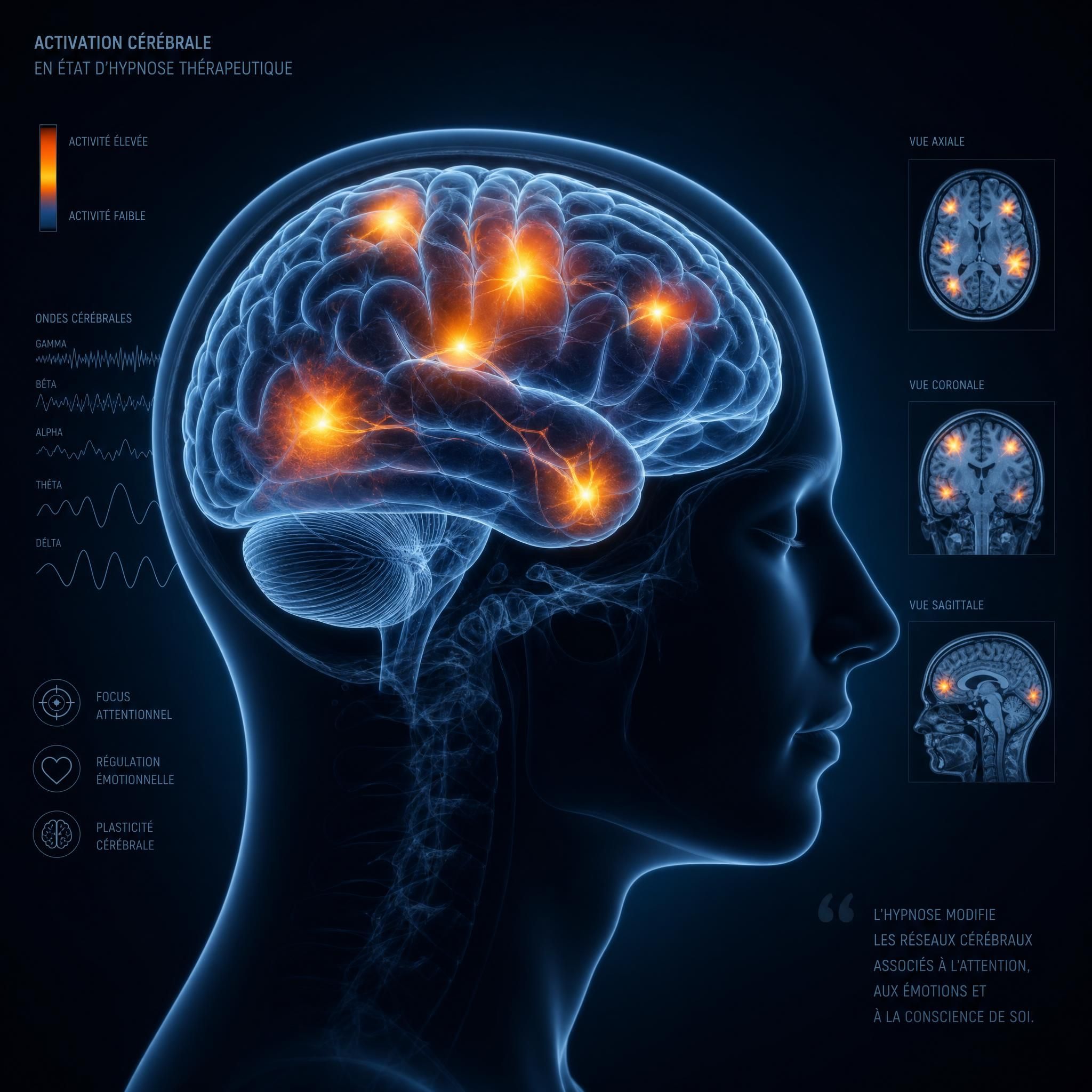 illustration cerveau avec zones d'activation lumineuses en IRM, neurosciences et hypnose thérapeutique, fond sombre scientifique