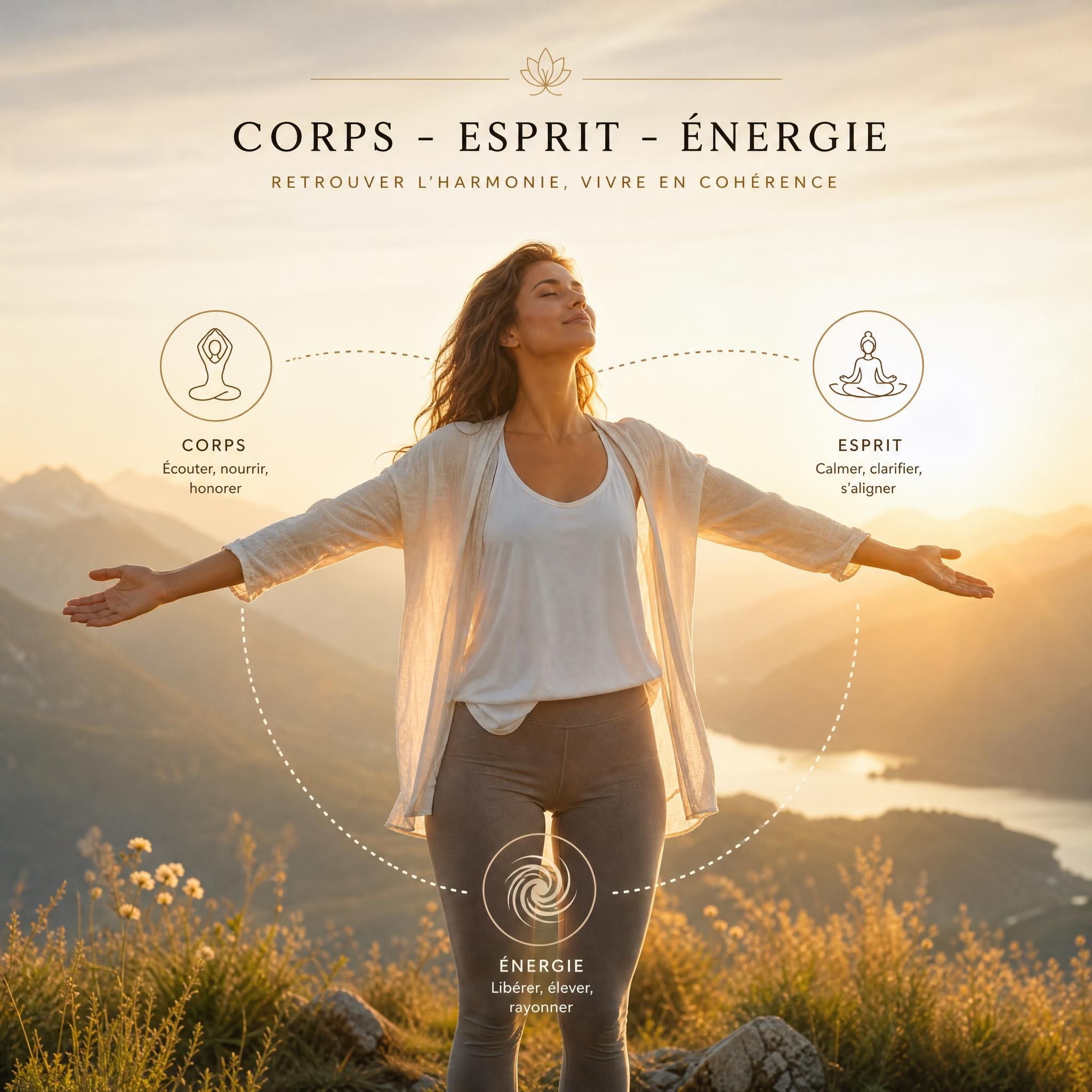femme debout dans la nature, bras ouverts, lumière dorée, symbolisant la libération intérieure et la cohérence corps-esprit-énergie
