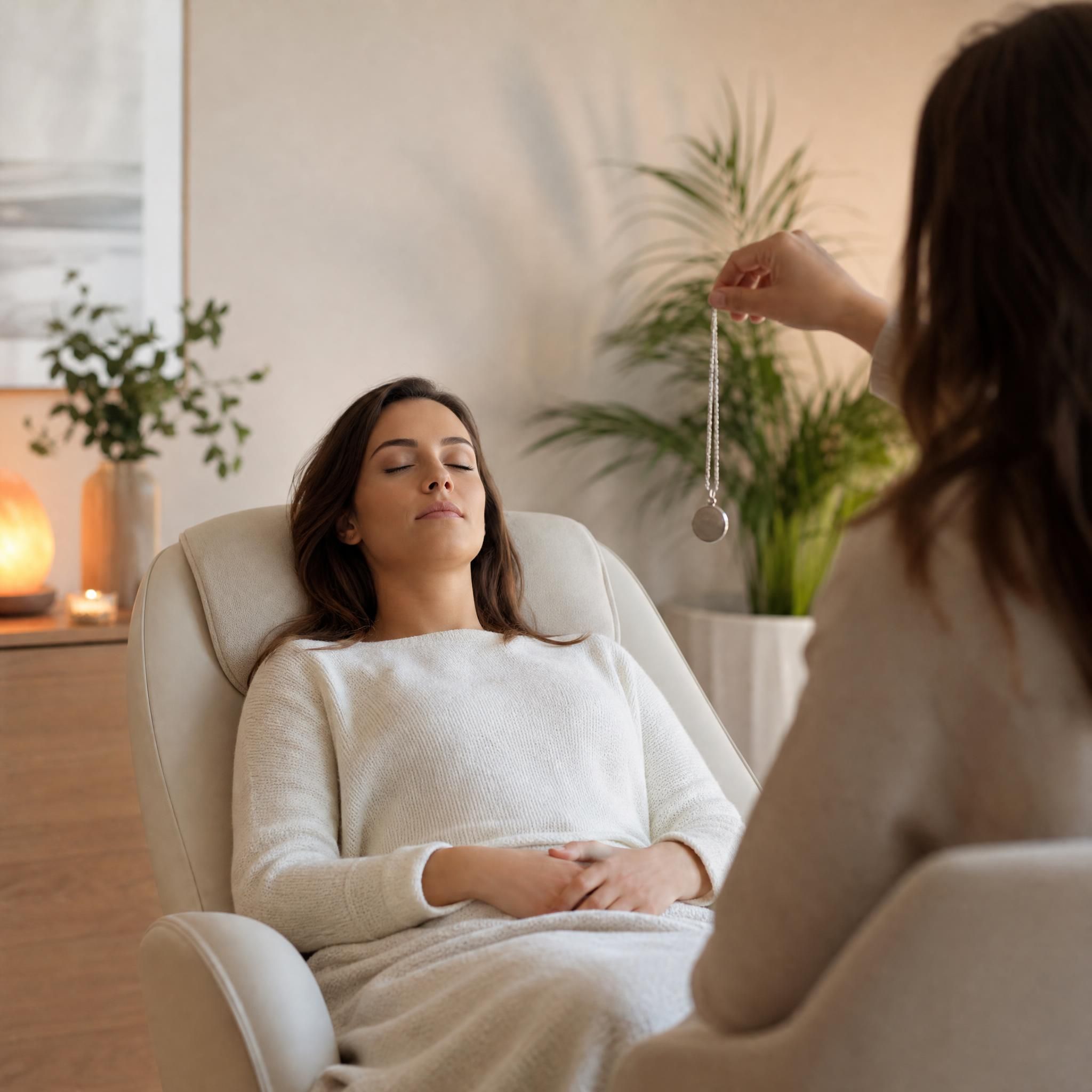 femme sereine en séance d'hypnose thérapeutique, lumière douce, ambiance bienveillante et apaisante