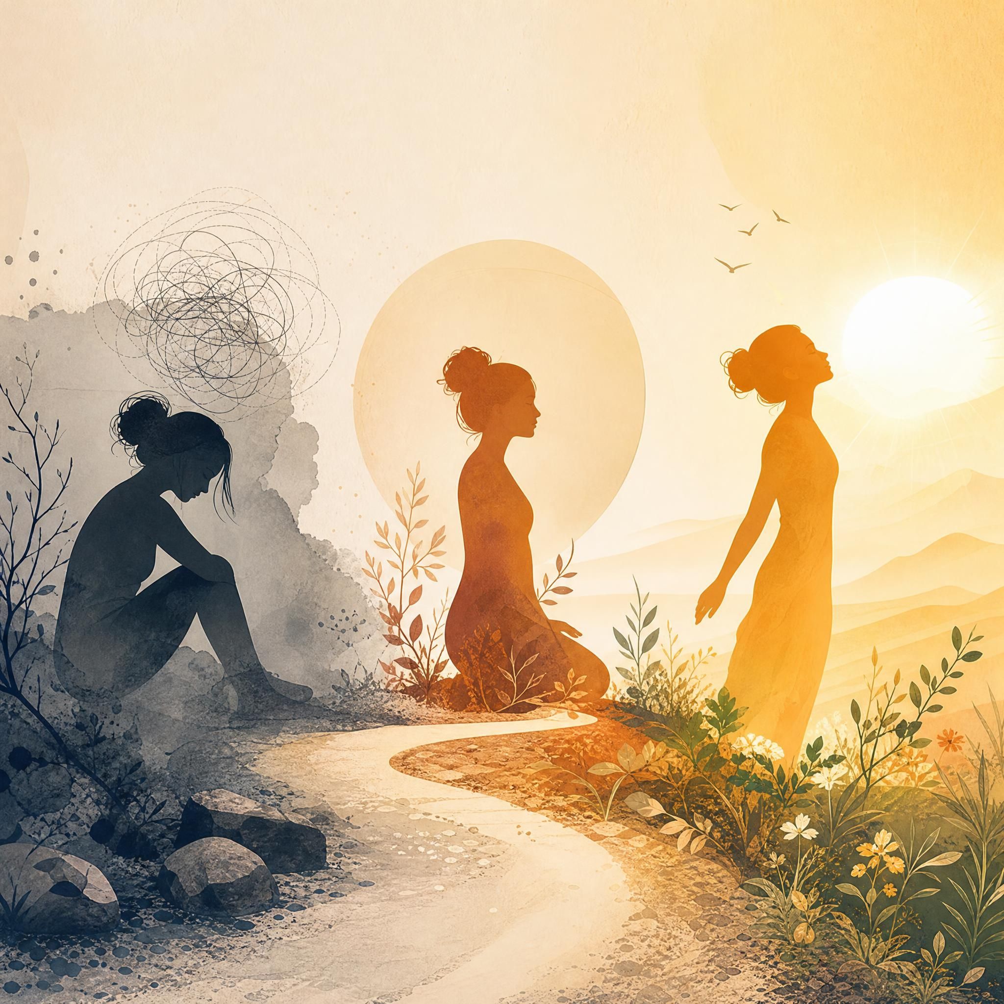 trois silhouettes en transformation, illustration symbolique du chemin de guérison intérieure, tons chauds et apaisants
