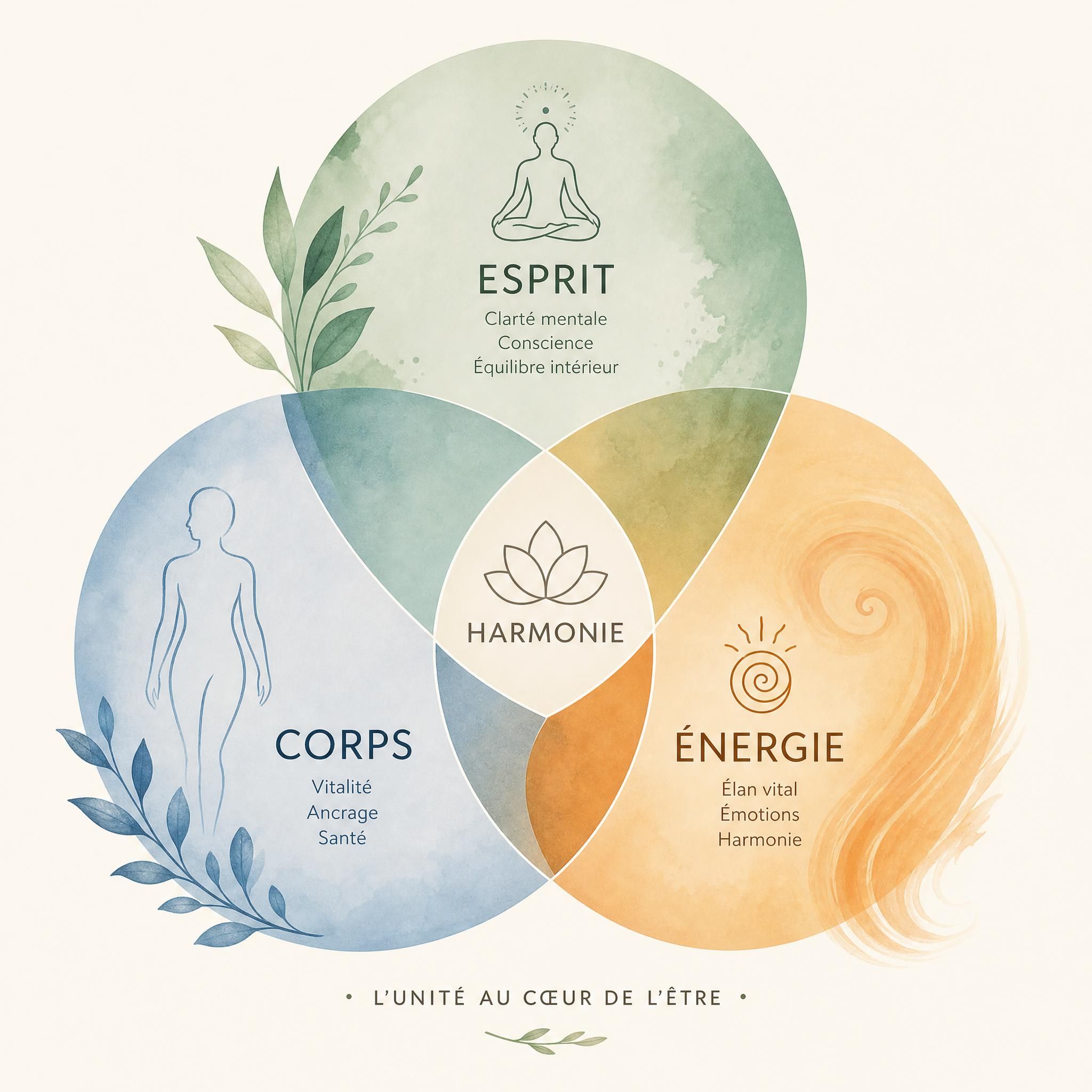 illustration symbolique des trois dimensions corps esprit énergie, cercles entrelacés harmonieux, couleurs douces et organiques
