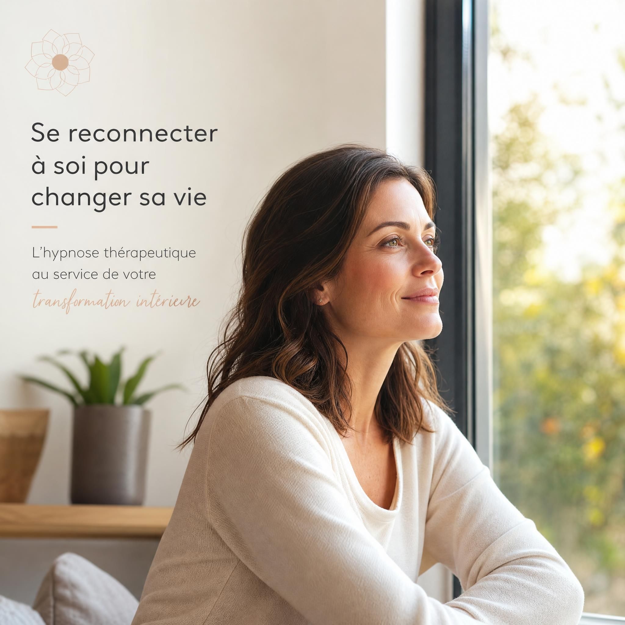 Portrait d'une femme sereine regardant par la fenêtre, symbolisant la transformation intérieure après un accompagnement en hypnose thérapeutique