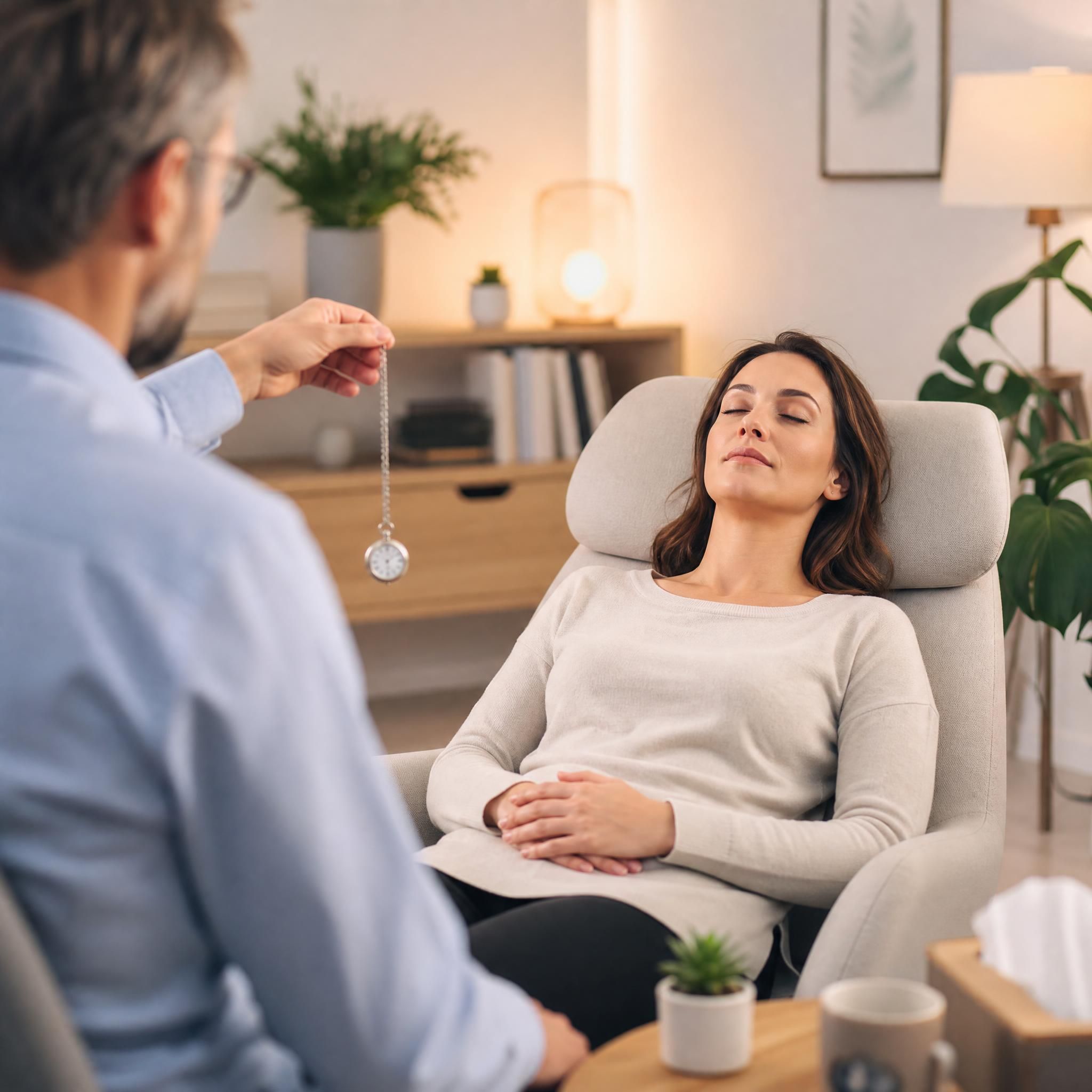 Femme en état de relaxation profonde lors d'une séance d'hypnose thérapeutique pour l'anxiété, lumière douce et apaisante