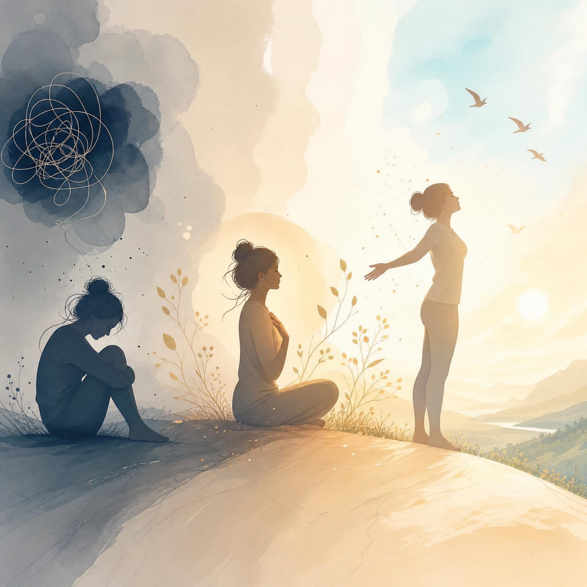 illustration douce de trois silhouettes en transformation intérieure, symbolisant le chemin vers la libération émotionnelle