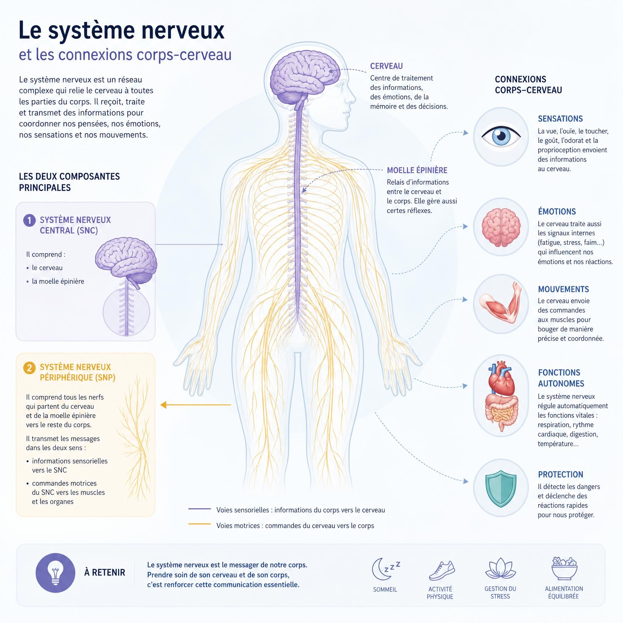 illustration schématique du système nerveux et des connexions corps-cerveau, style scientifique doux