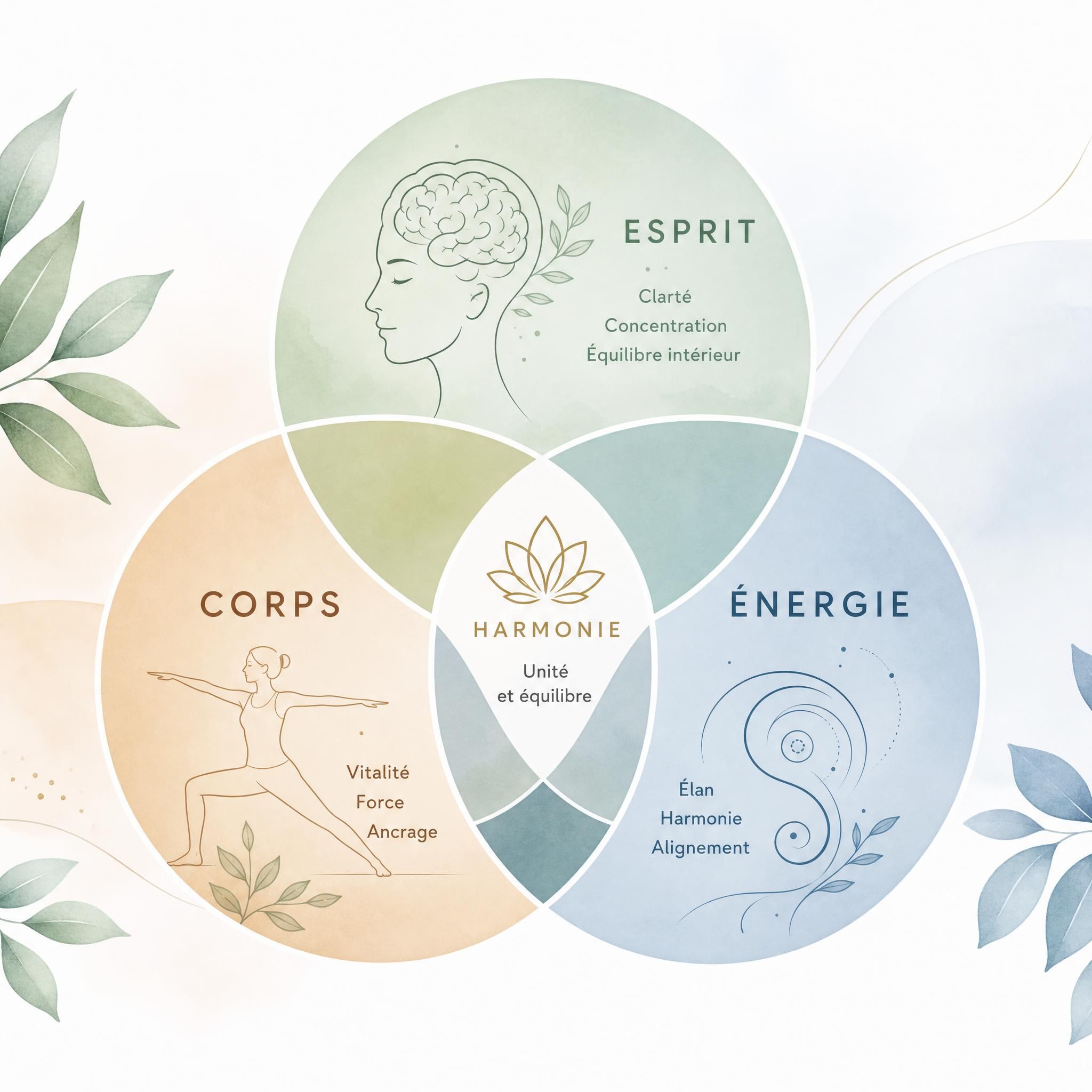 représentation symbolique des trois dimensions corps-esprit-énergie, cercles entrelacés en harmonie, palette douce et apaisante