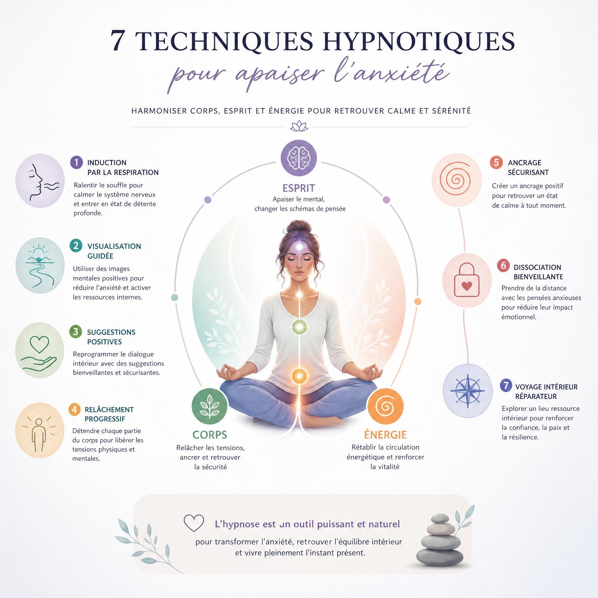 Illustration des 7 techniques hypnotiques pour l'anxiété, schéma corps-esprit-énergie en couleurs douces