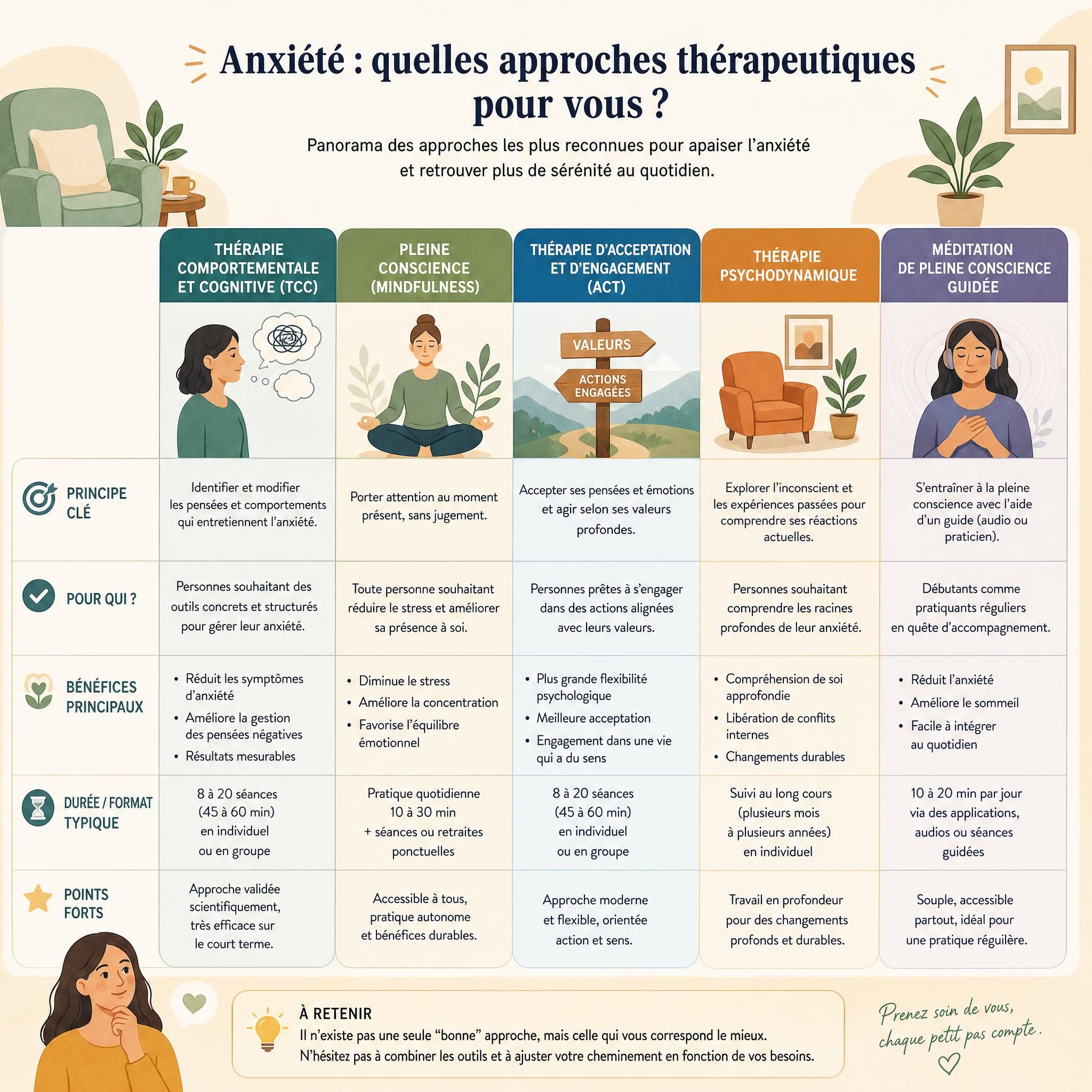 tableau comparatif illustré des différentes approches thérapeutiques pour l'anxiété, style infographique chaleureux