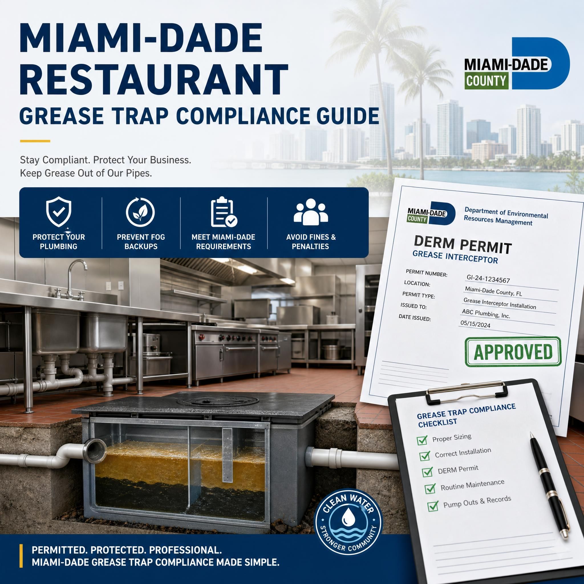 Miami-Dade restaurant grease trap compliance guide showing a commercial kitchen grease interceptor installation with DERM permit documentation