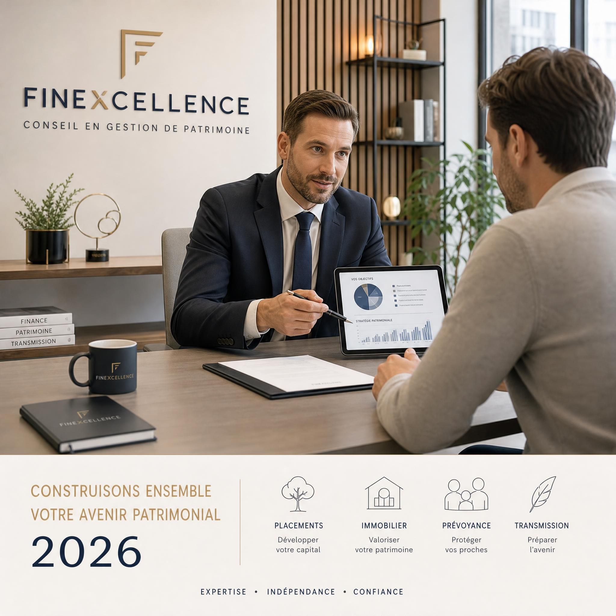 Conseiller patrimonial FINEXCELLENCE accompagnant un client dans un bureau moderne, atmosphere sereine et professionnelle, gestion de patrimoine 2026