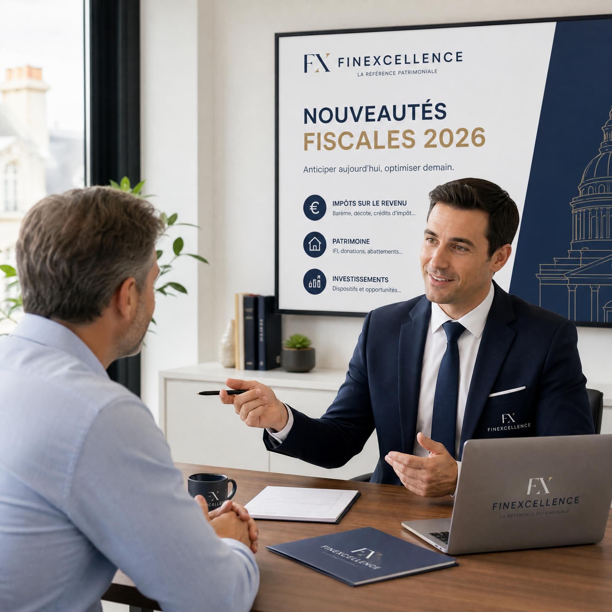 Conseiller financier FINEXCELLENCE présentant les nouveautés fiscales 2026 à un client, dans un bureau moderne et lumineux