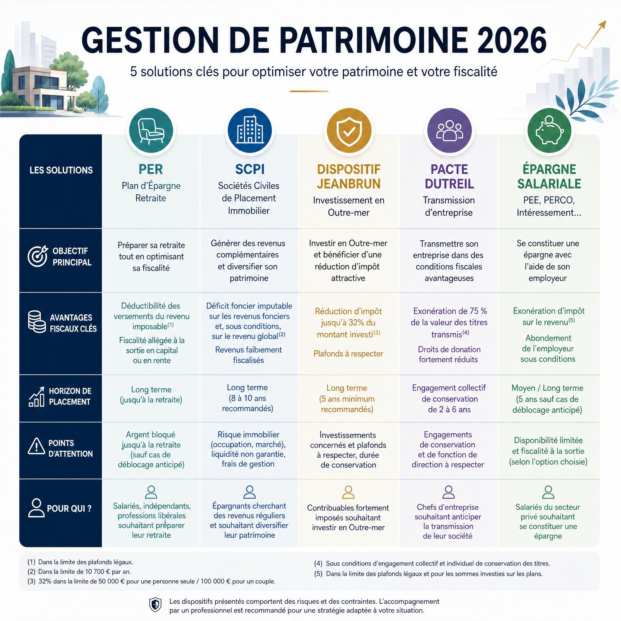 Infographie comparative des solutions de gestion de patrimoine 2026 : PER, SCPI, dispositif Jeanbrun, Pacte Dutreil, épargne salariale avec avantages fiscaux respectifs
