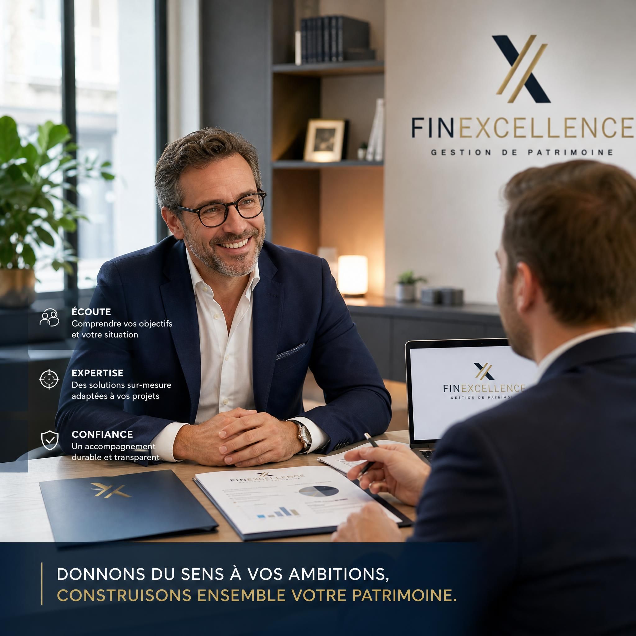 Cadre supérieur souriant consultant un conseiller en gestion de patrimoine FINEXCELLENCE, ambiance professionnelle et rassurante