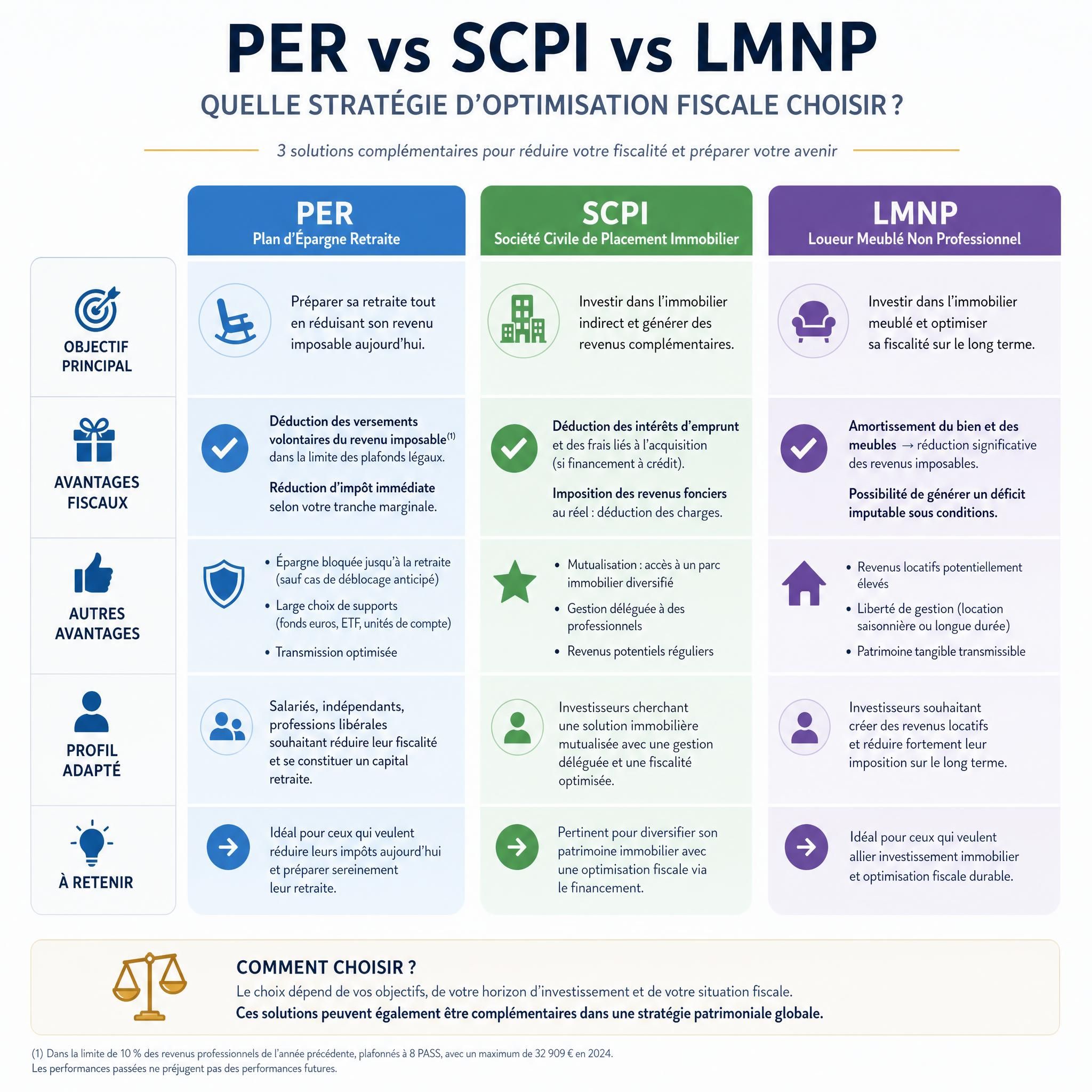 Infographie comparative des stratégies d'optimisation fiscale PER vs SCPI vs LMNP avec avantages et profils adaptés pour chaque dispositif