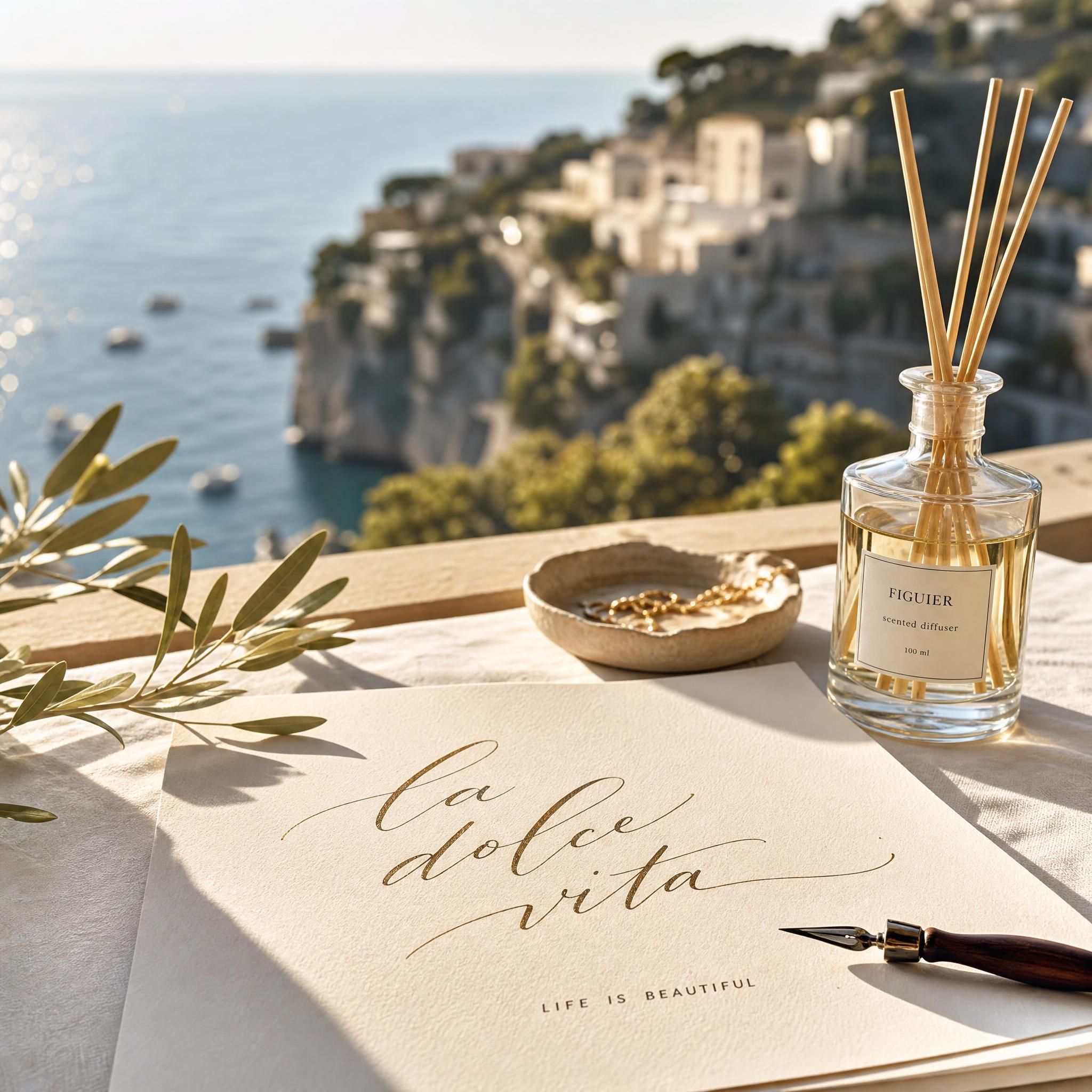 Warm golden Mediterranean light falling on a calligraphy artwork and a scented diffuser on a white linen surface, Riviera coastline softly blurred in the background — art and slow life aesthetic