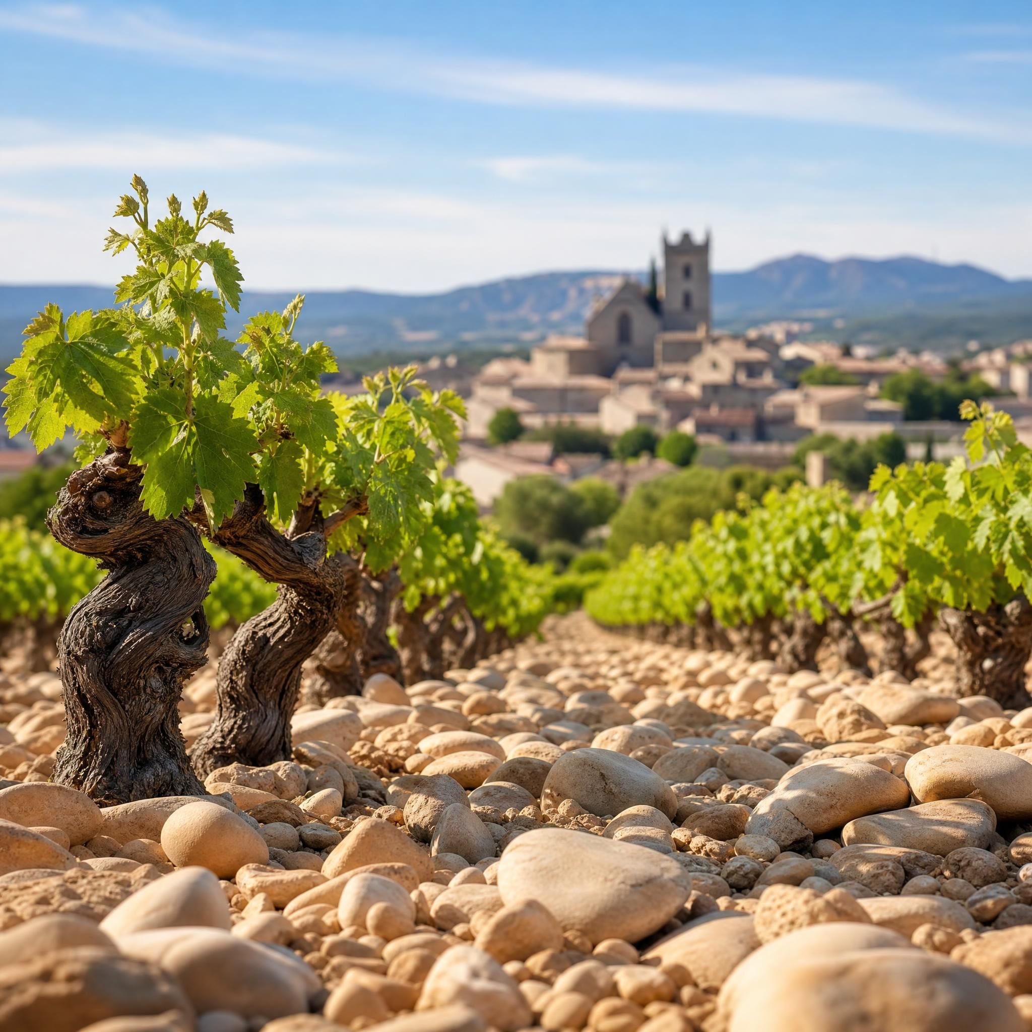 Vignes de Châteauneuf-du-Pape avec galets roulés au premier plan et village en arrière-plan, Vallée du Rhône méridionale