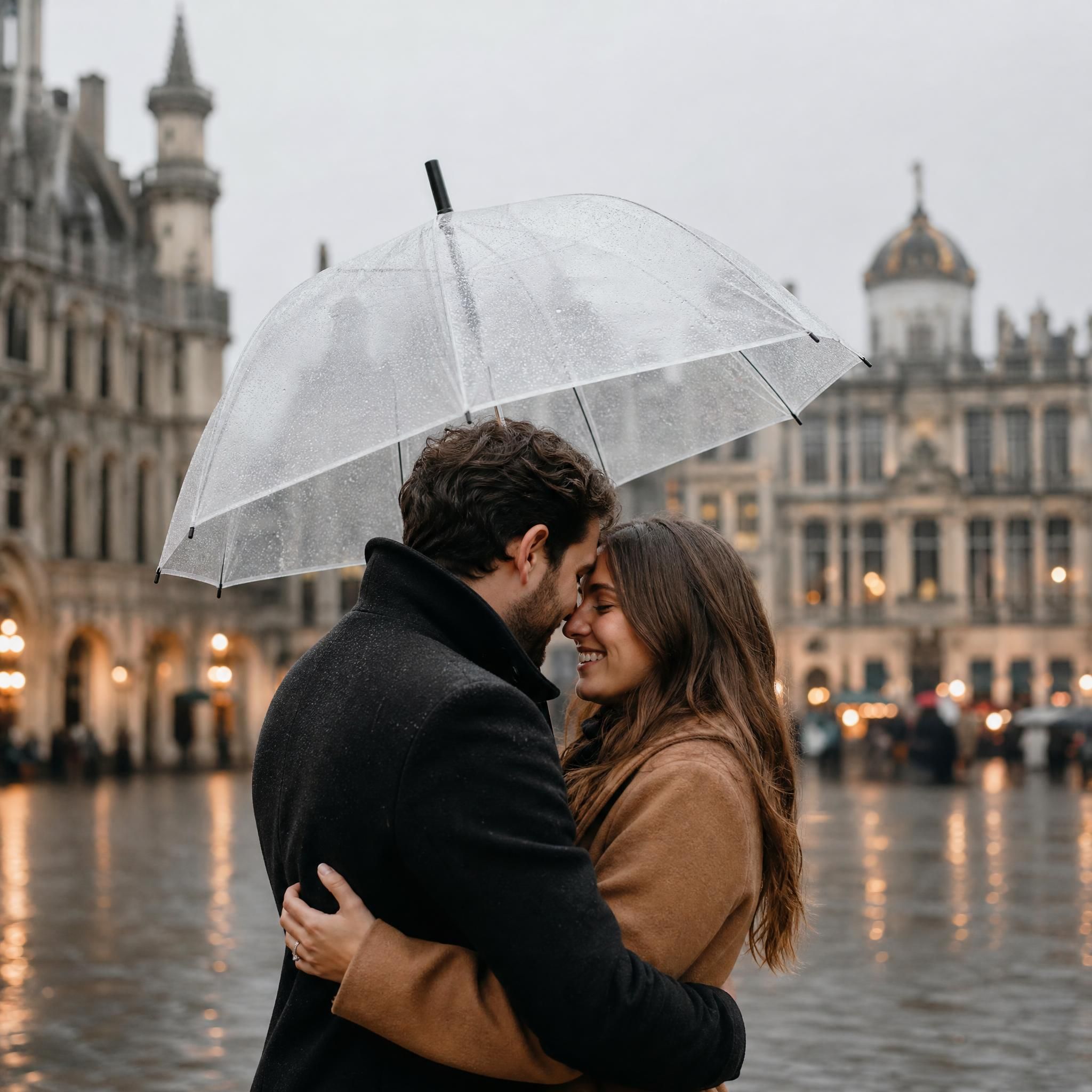 Couple sous la pluie lors d'un shooting engagement Bruxelles, photographe mariage authentique Belgique, lumière naturelle hivernale