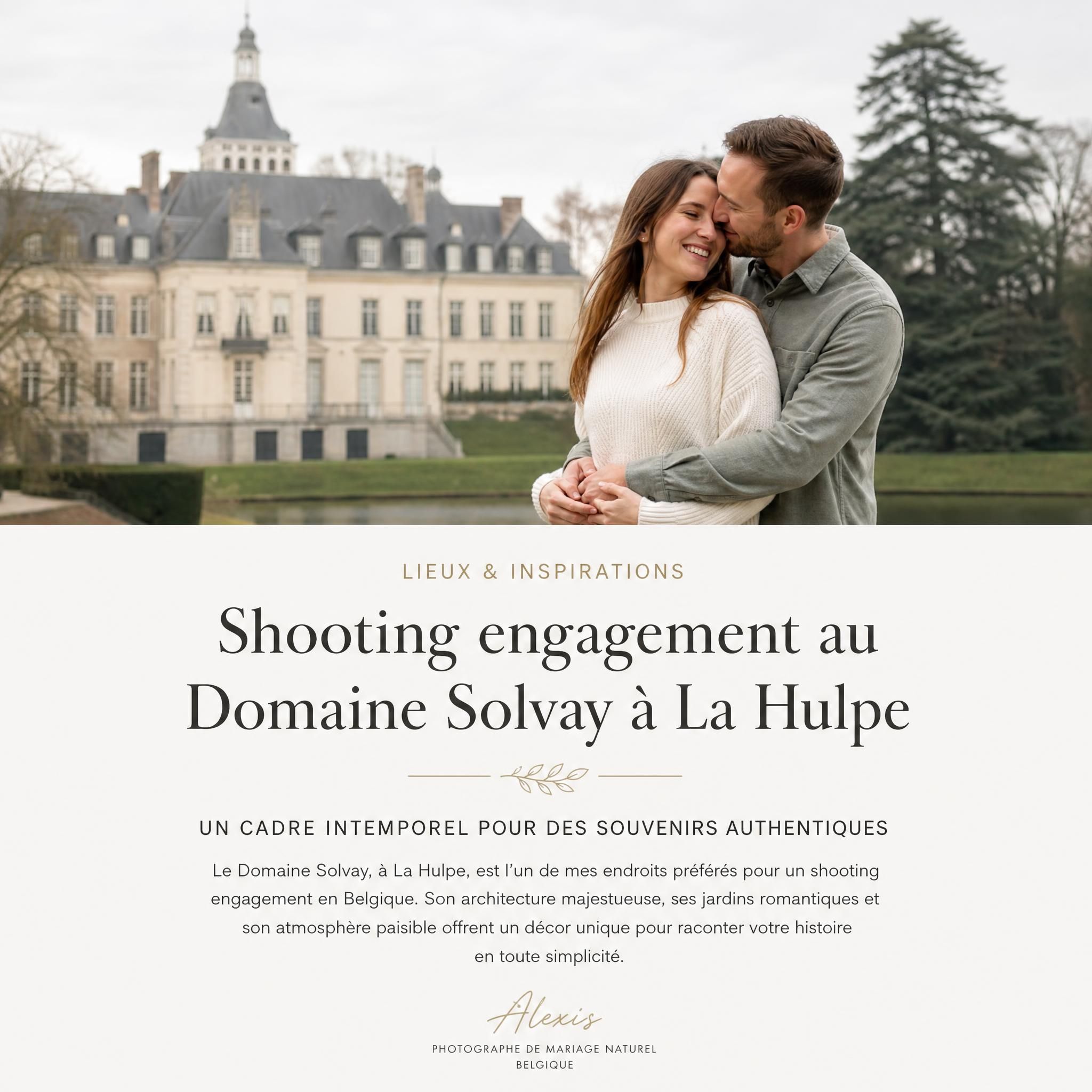 Couple amoureux lors d'un shooting engagement au Domaine Solvay à La Hulpe, photographe mariage naturel Belgique Alexis