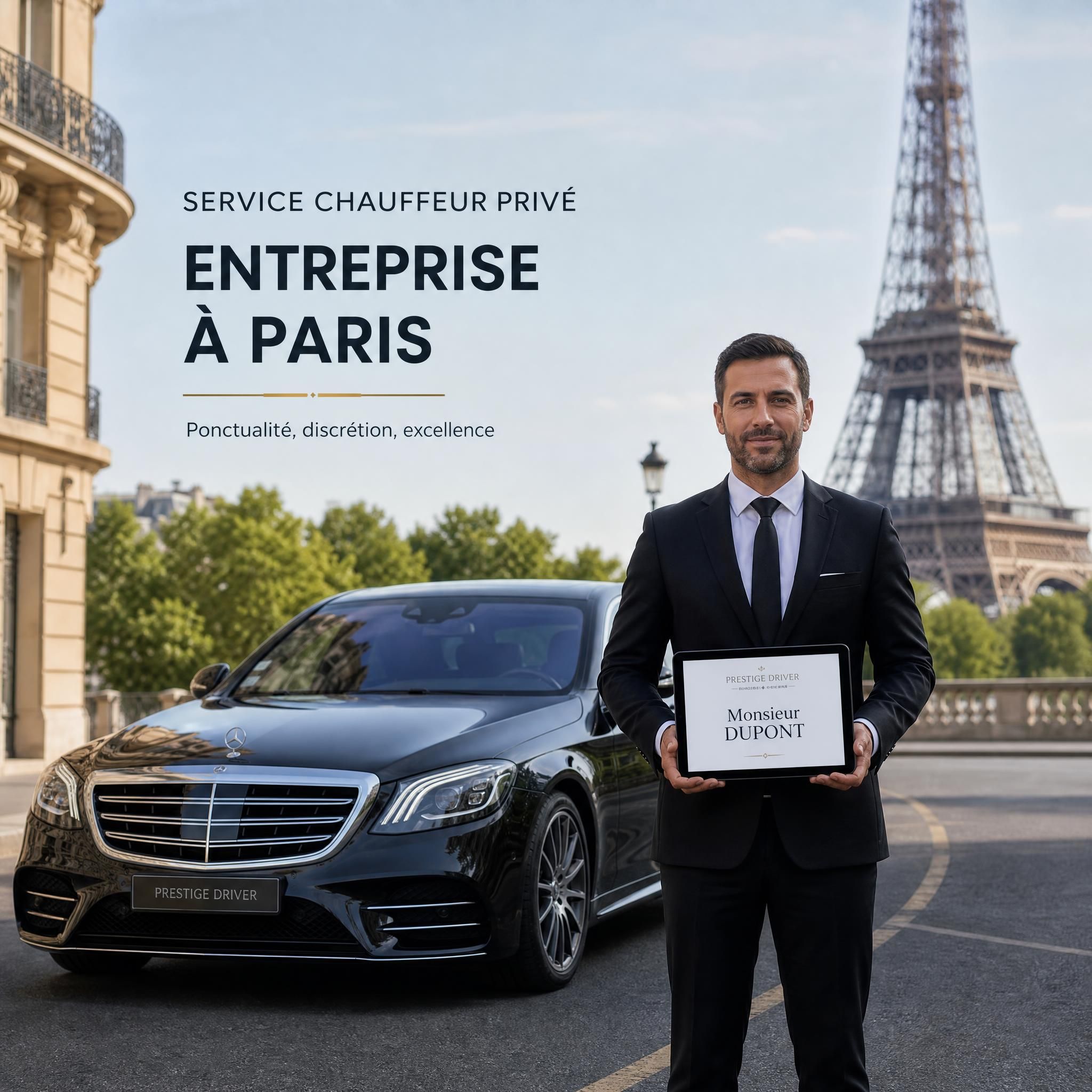 Chauffeur professionnel en costume sombre tenant une tablette nominative devant une Mercedes Classe S noire à Paris, avec la Tour Eiffel en arrière-plan — service chauffeur privé entreprise Paris