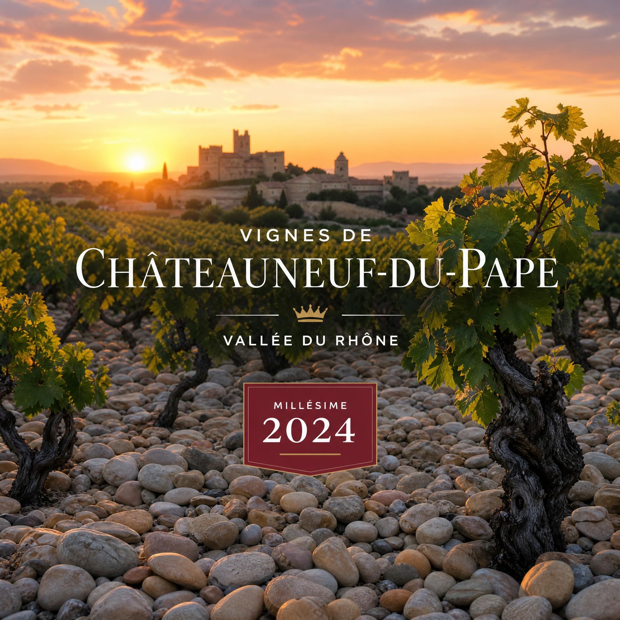 Vignes de Châteauneuf-du-Pape avec galets roulés au coucher du soleil, millésime 2024 Vallée du Rhône