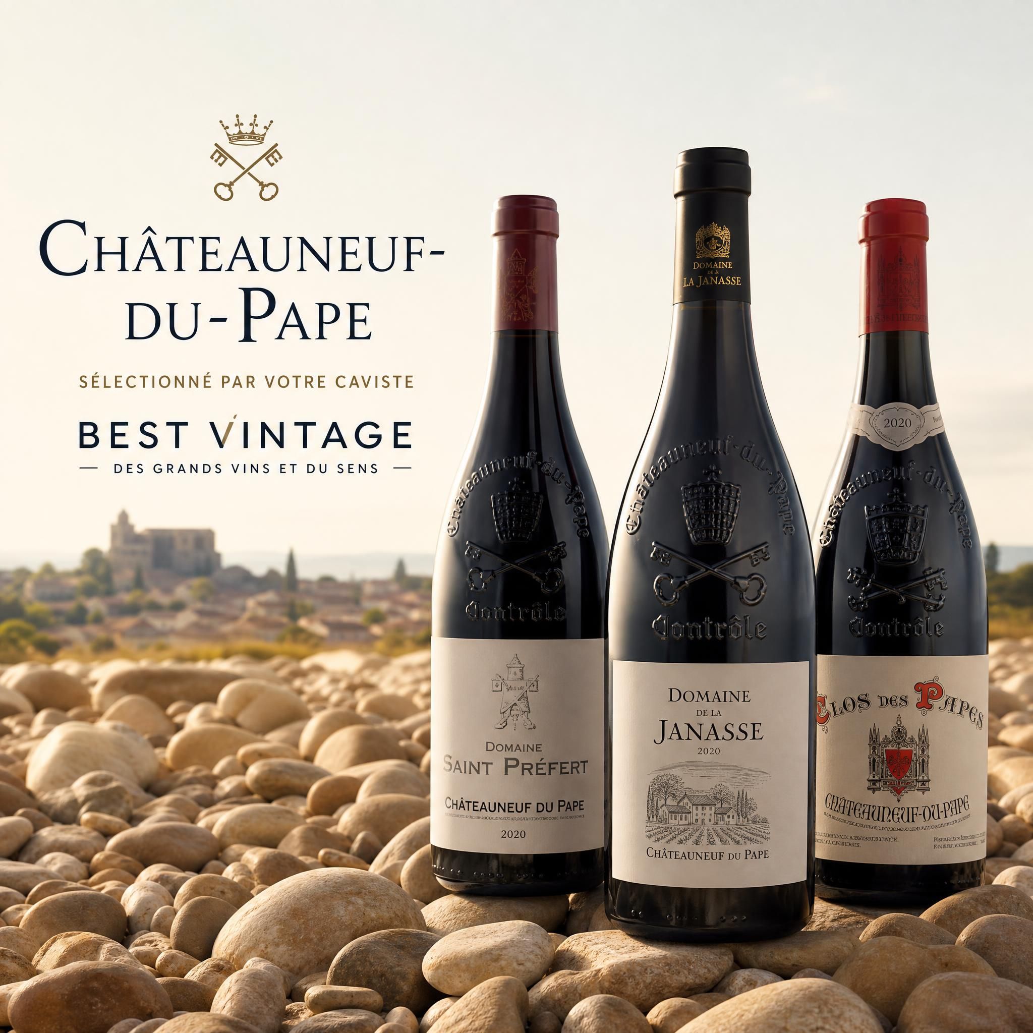 Bouteilles de Châteauneuf-du-Pape sélectionnées par le caviste Best Vintage, avec galets roulés caractéristiques de l'appellation en arrière-plan