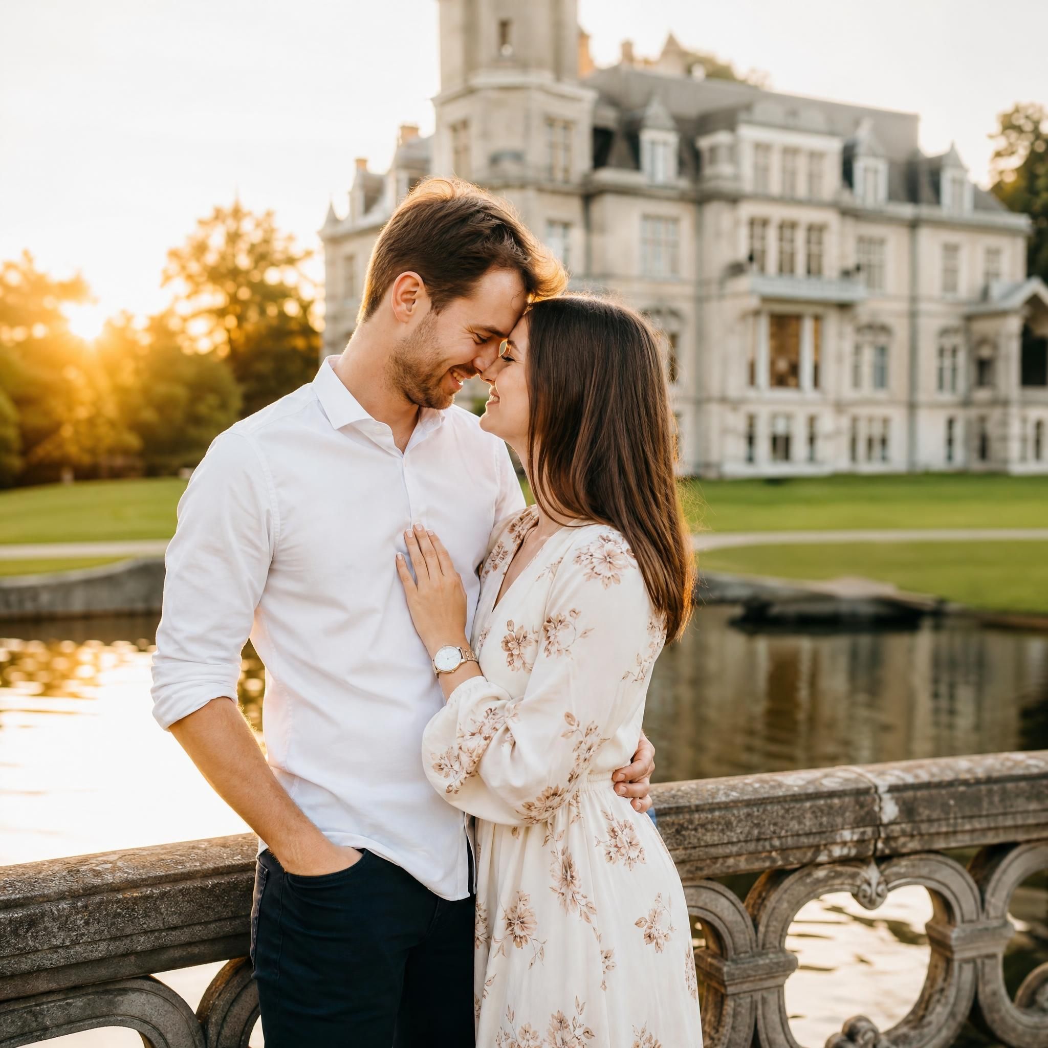 Couple amoureux lors d'un shooting d'engagement naturel au Domaine de Solvay à La Hulpe, Brabant wallon, en lumière dorée de fin de journée