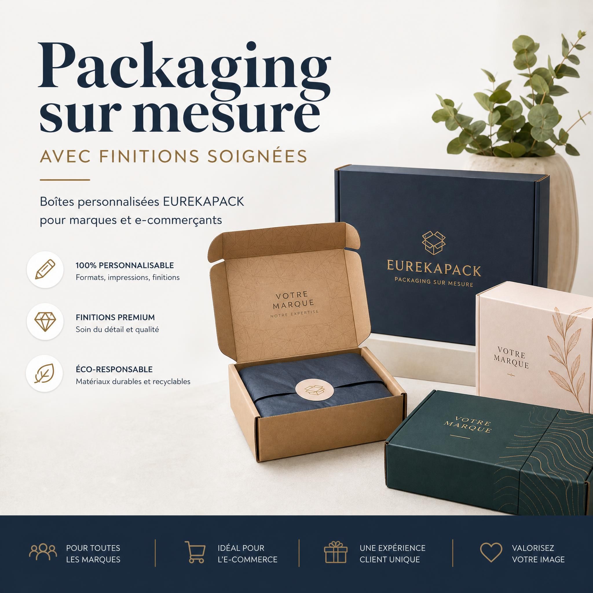 Packaging sur mesure avec finitions soignées — boîtes personnalisées EUREKAPACK pour marques et e-commerçants