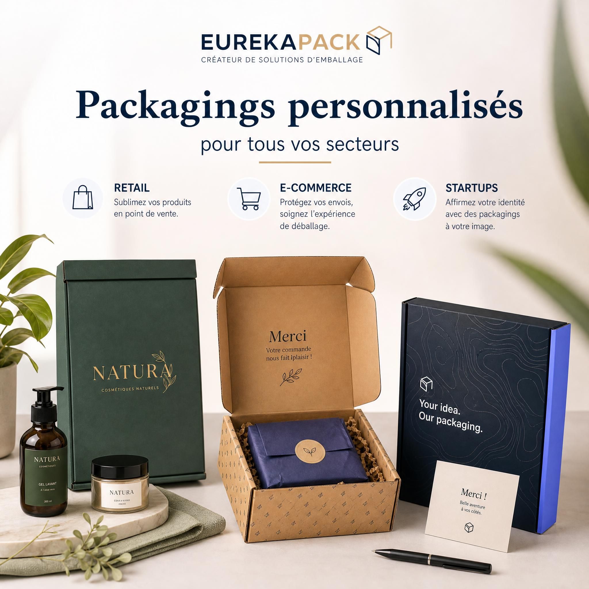 Packagings personnalisés EUREKAPACK pour différents secteurs — retail, e-commerce et startups avec finitions soignées