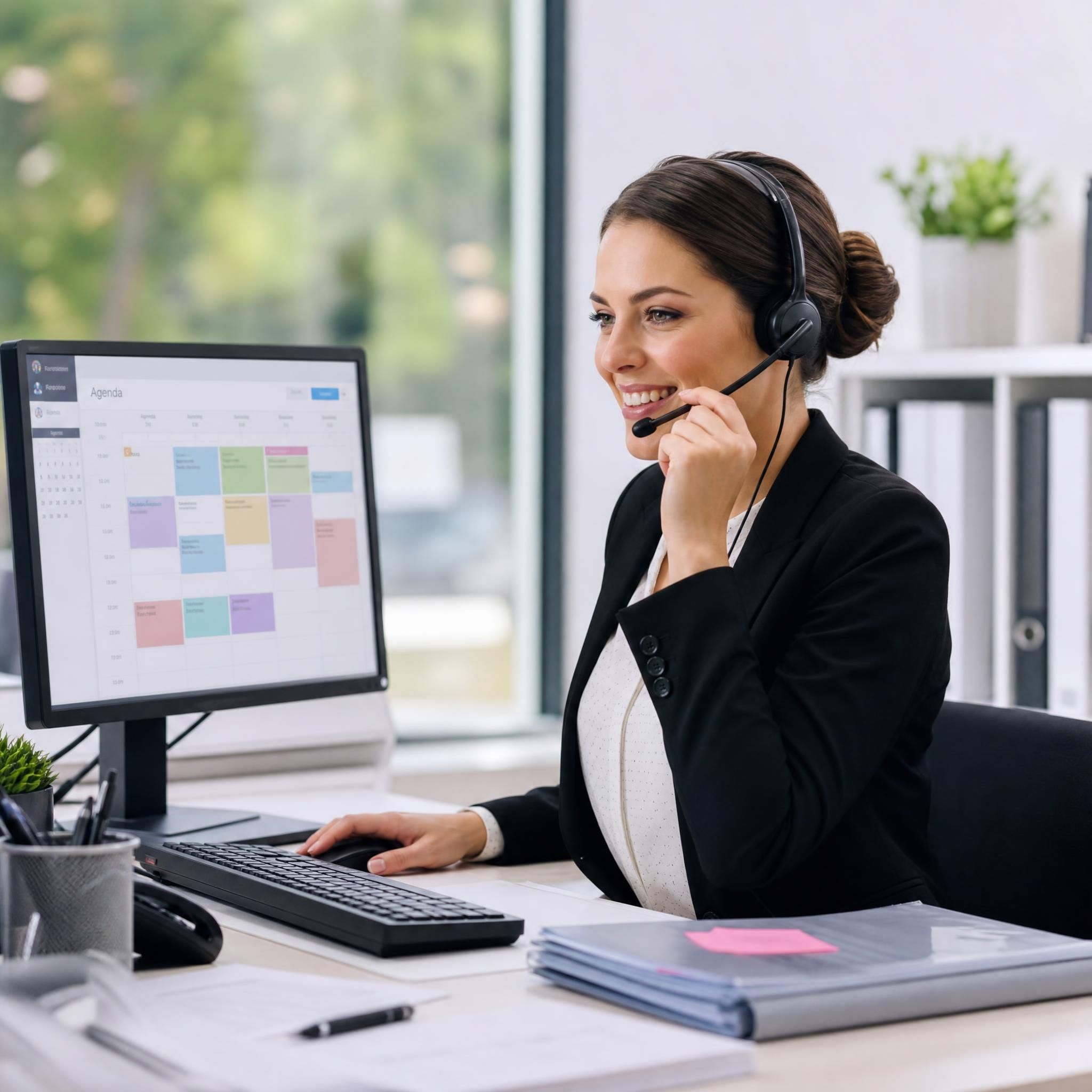 Secrétaire professionnelle au bureau avec casque téléphonique, écran d'ordinateur affichant un agenda, photo réaliste en entreprise