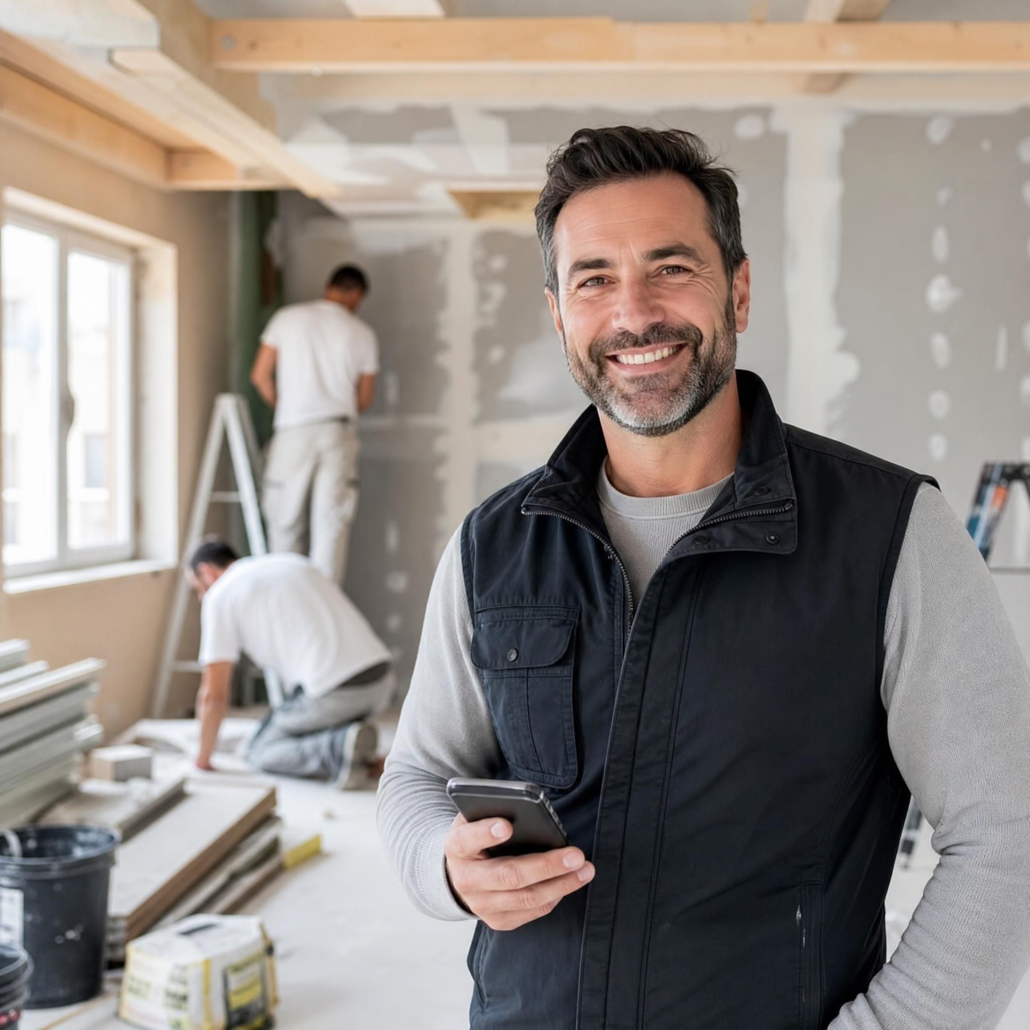 Entrepreneur du bâtiment souriant tenant un smartphone, en arrière-plan un chantier de rénovation, photo professionnelle réaliste