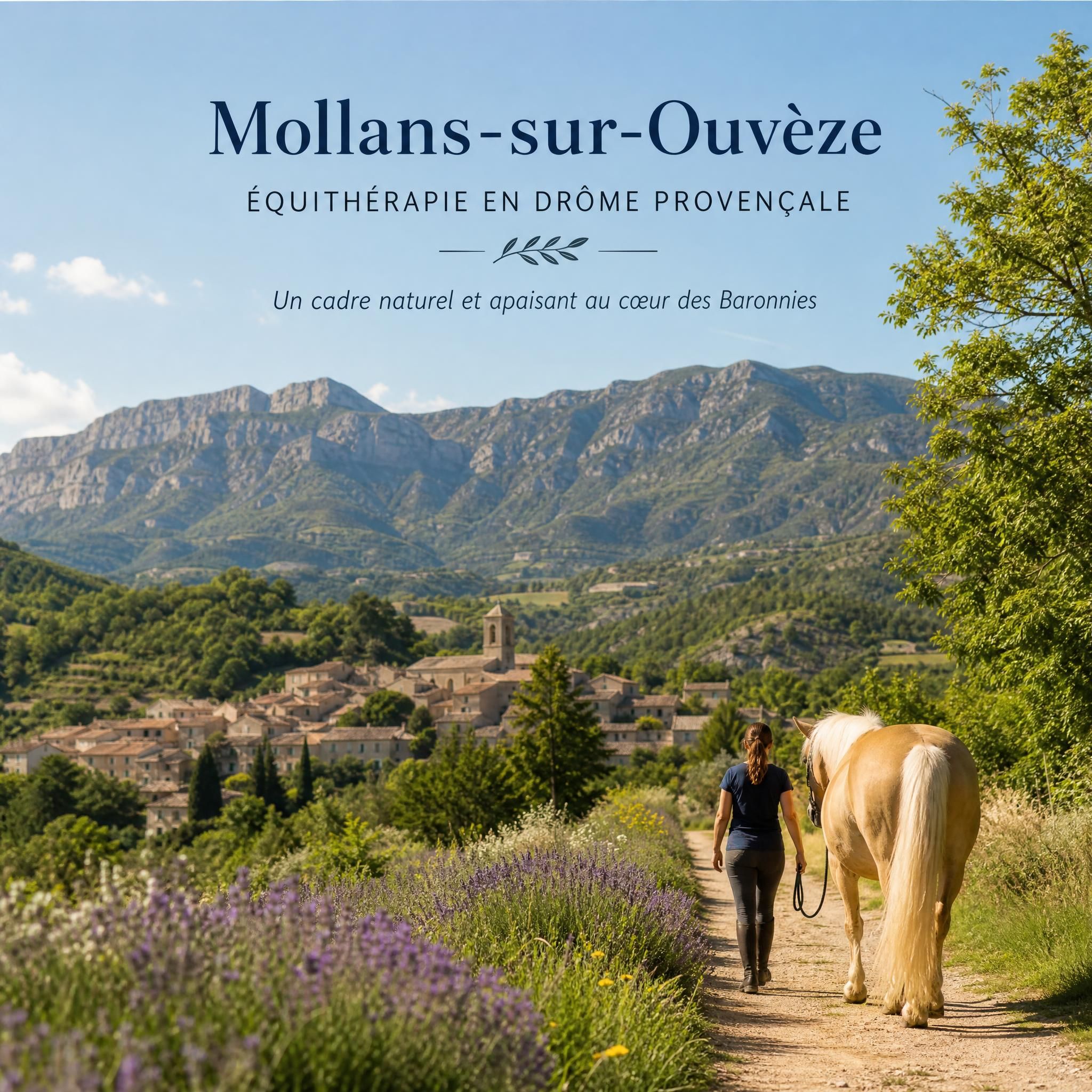 Paysage provençal de Mollans-sur-Ouvèze avec les Baronnies en arrière-plan, cadre naturel et apaisant pour l'équithérapie en Drôme provençale