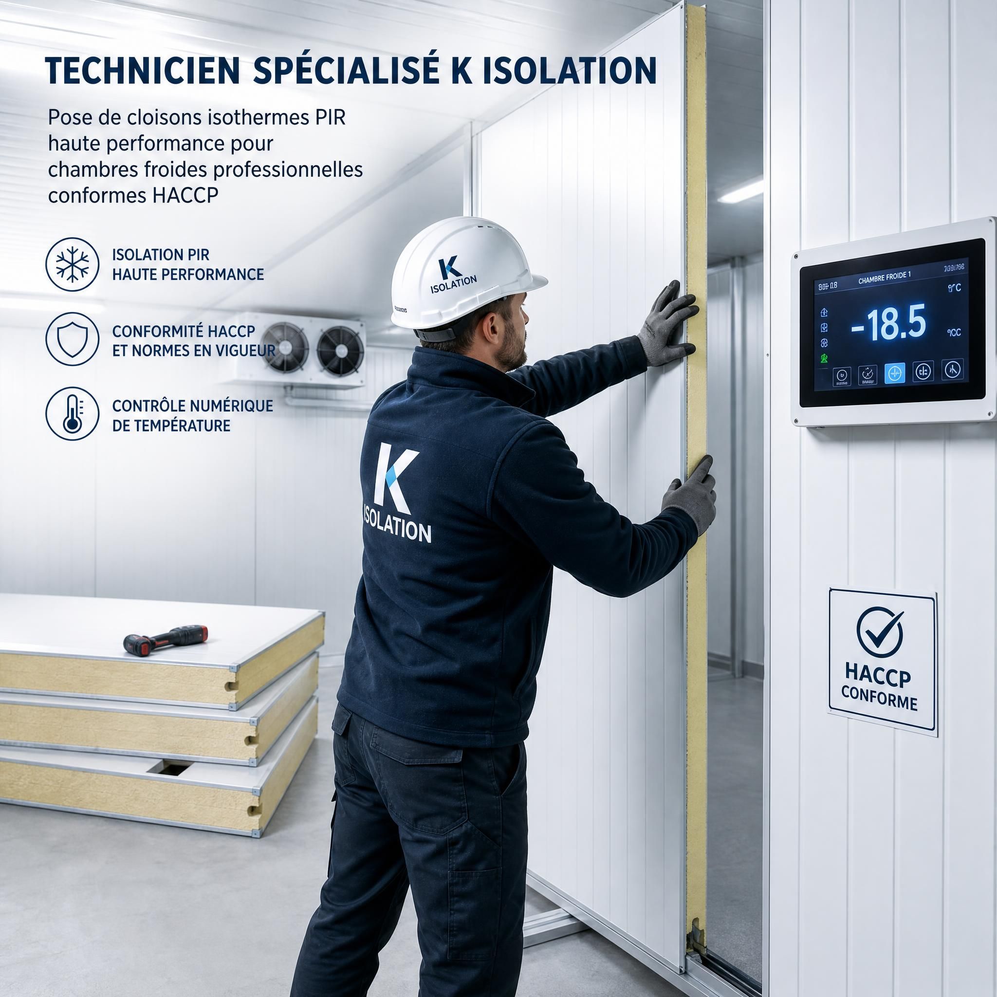 Technicien spécialisé K Isolation posant des cloisons isothermes PIR haute performance dans une chambre froide professionnelle conforme HACCP, avec panneaux sandwich et équipements de contrôle numérique de température