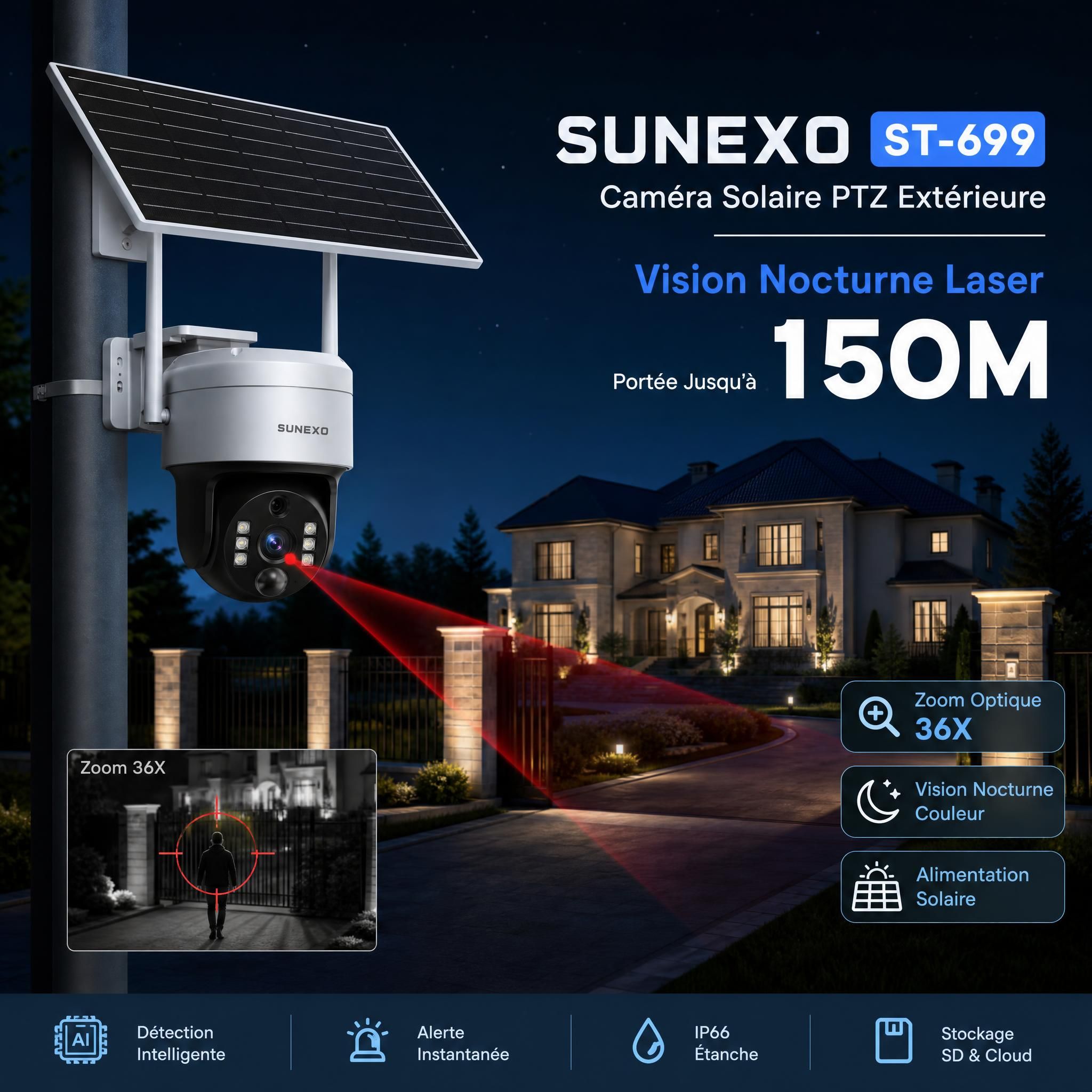 Caméra solaire PTZ Sunexo ST-699 installée sur poteau extérieur, vision nocturne laser 150m, zoom 36X, propriété sécurisée de nuit