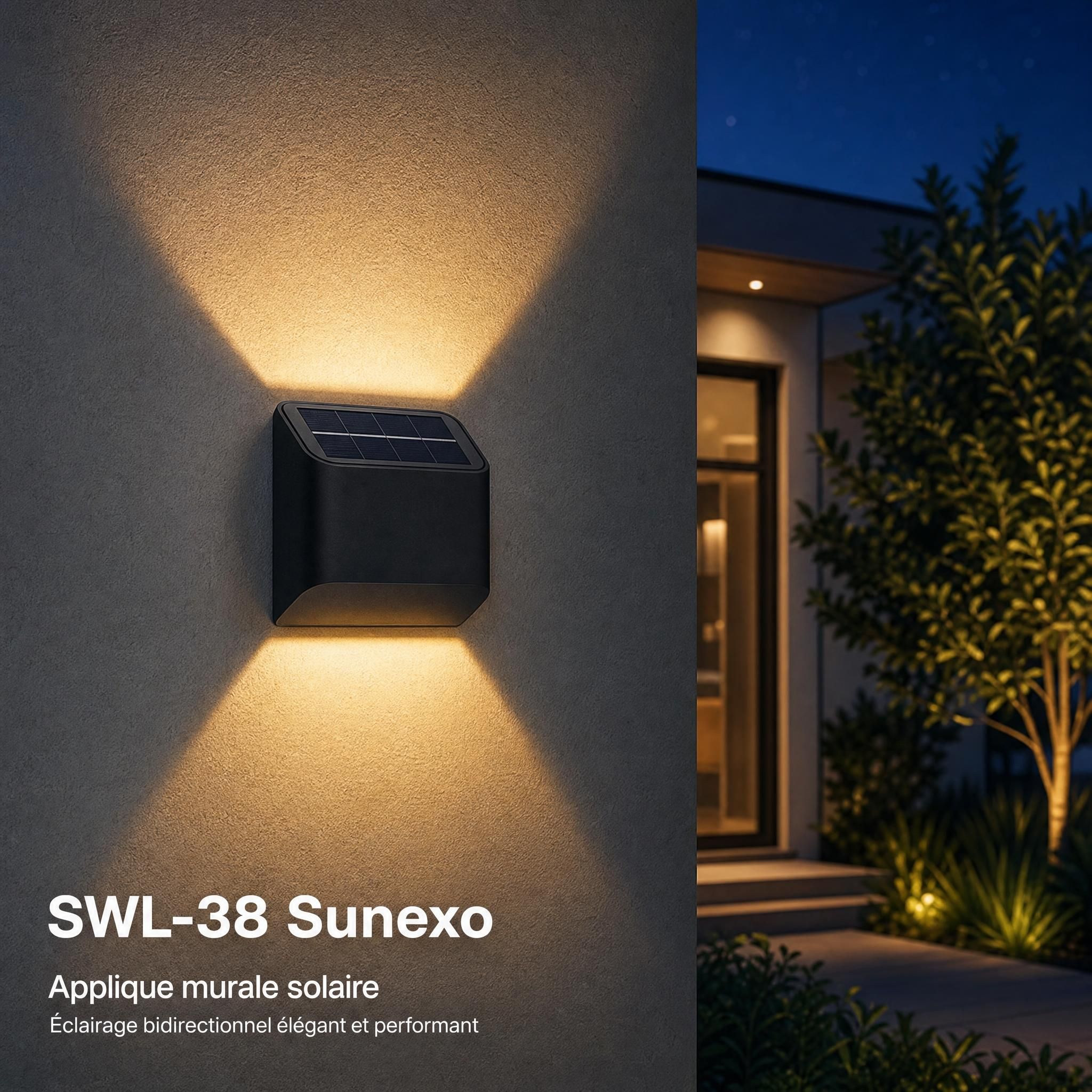 Applique murale solaire SWL-38 Sunexo allumée la nuit sur une façade de maison, effet bidirectionnel visible
