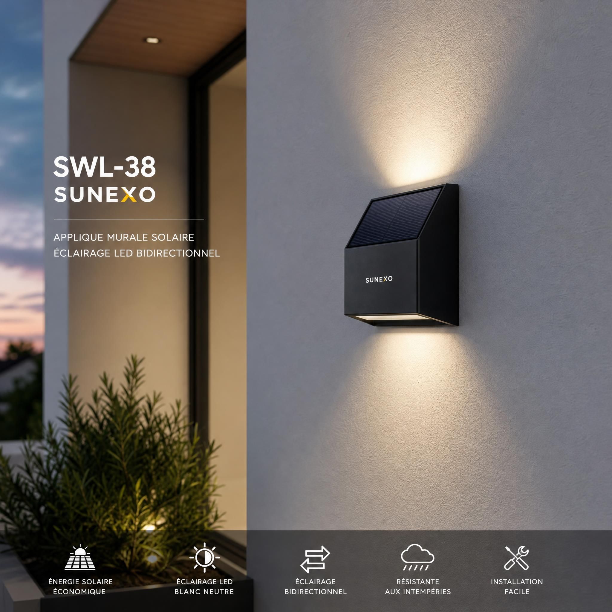 Applique murale solaire SWL-38 Sunexo installée sur façade extérieure, éclairage LED bidirectionnel blanc neutre