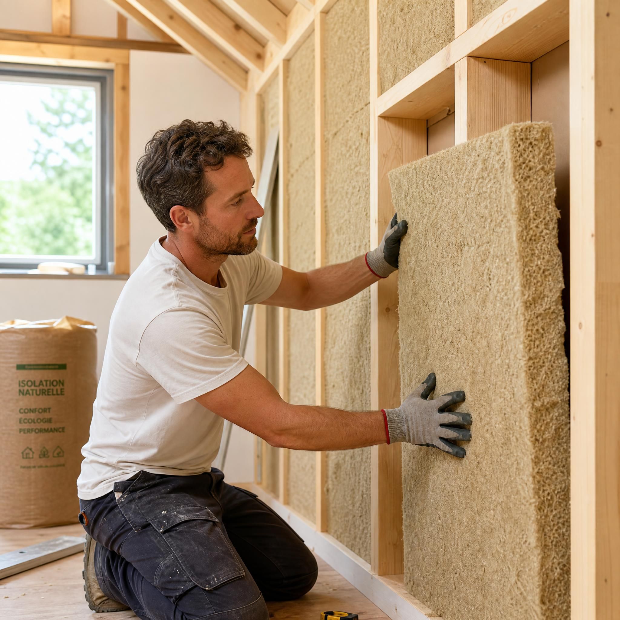 Artisan professionnel posant de l'isolation naturelle dans une maison en rénovation - vue intérieure