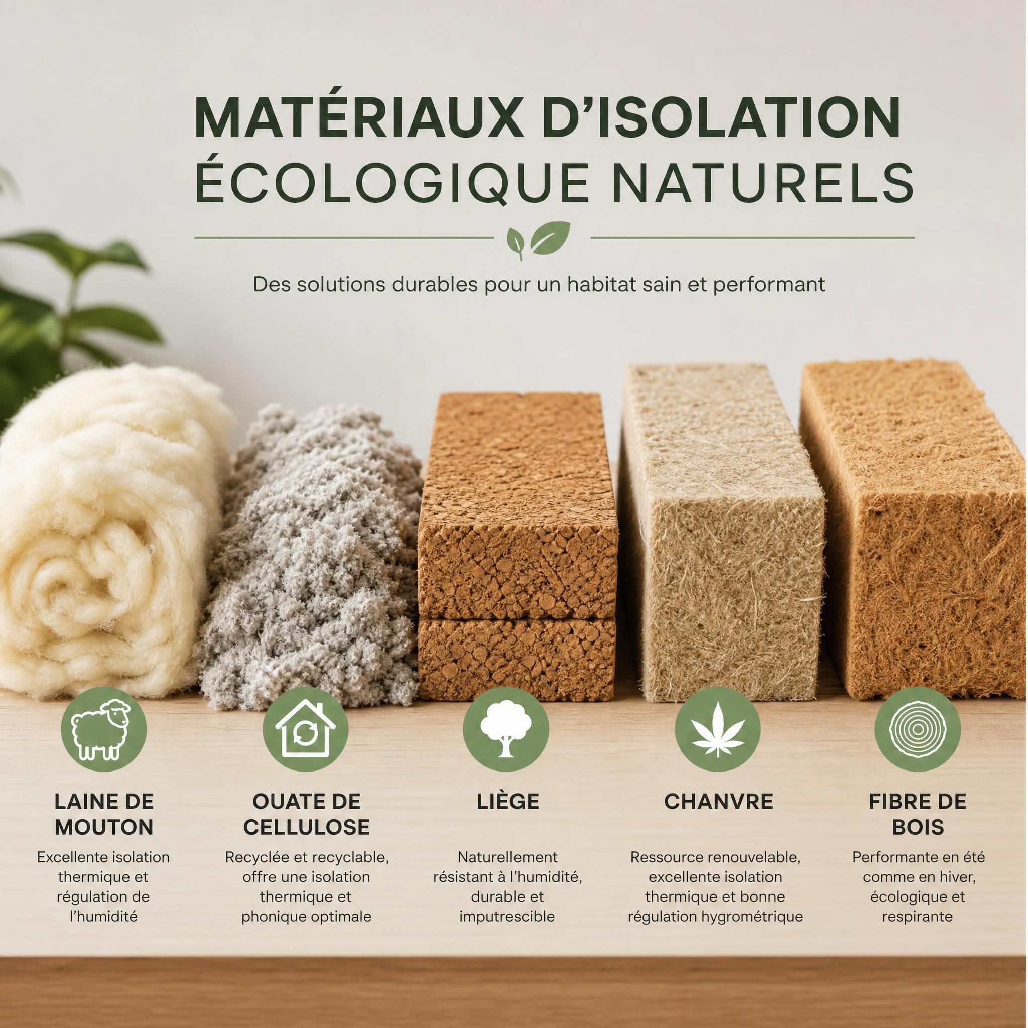 Matériaux d'isolation écologique naturels - laine de mouton, ouate de cellulose, liège, chanvre et fibre de bois disposés côte à côte
