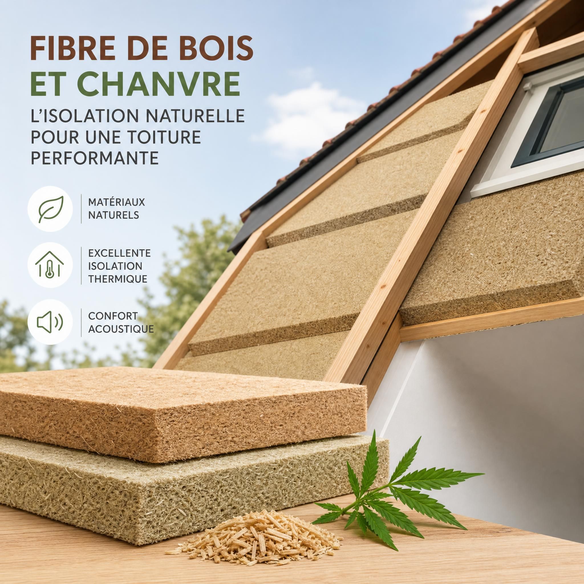Panneaux de fibre de bois et de chanvre utilisés pour l'isolation d'une toiture en rénovation