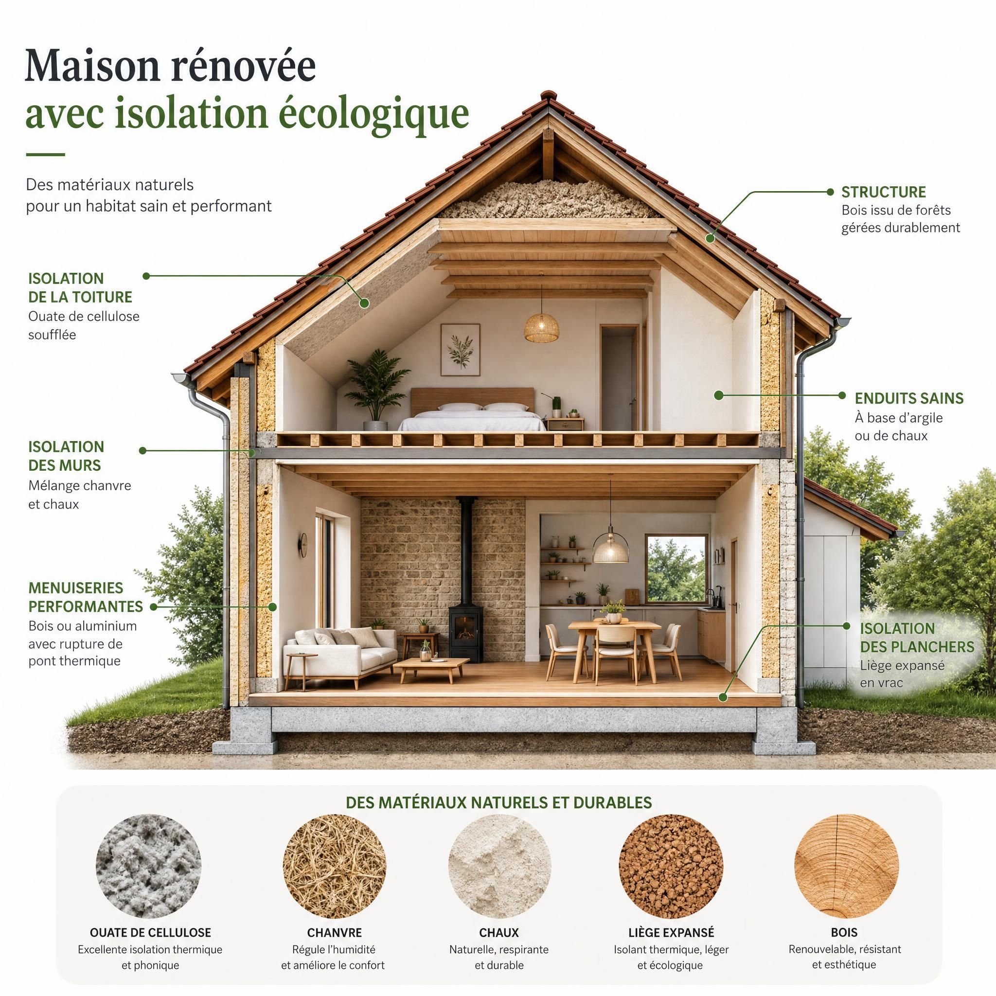 Maison rénovée avec isolation écologique - coupe transversale montrant les matériaux naturels dans les murs et la toiture