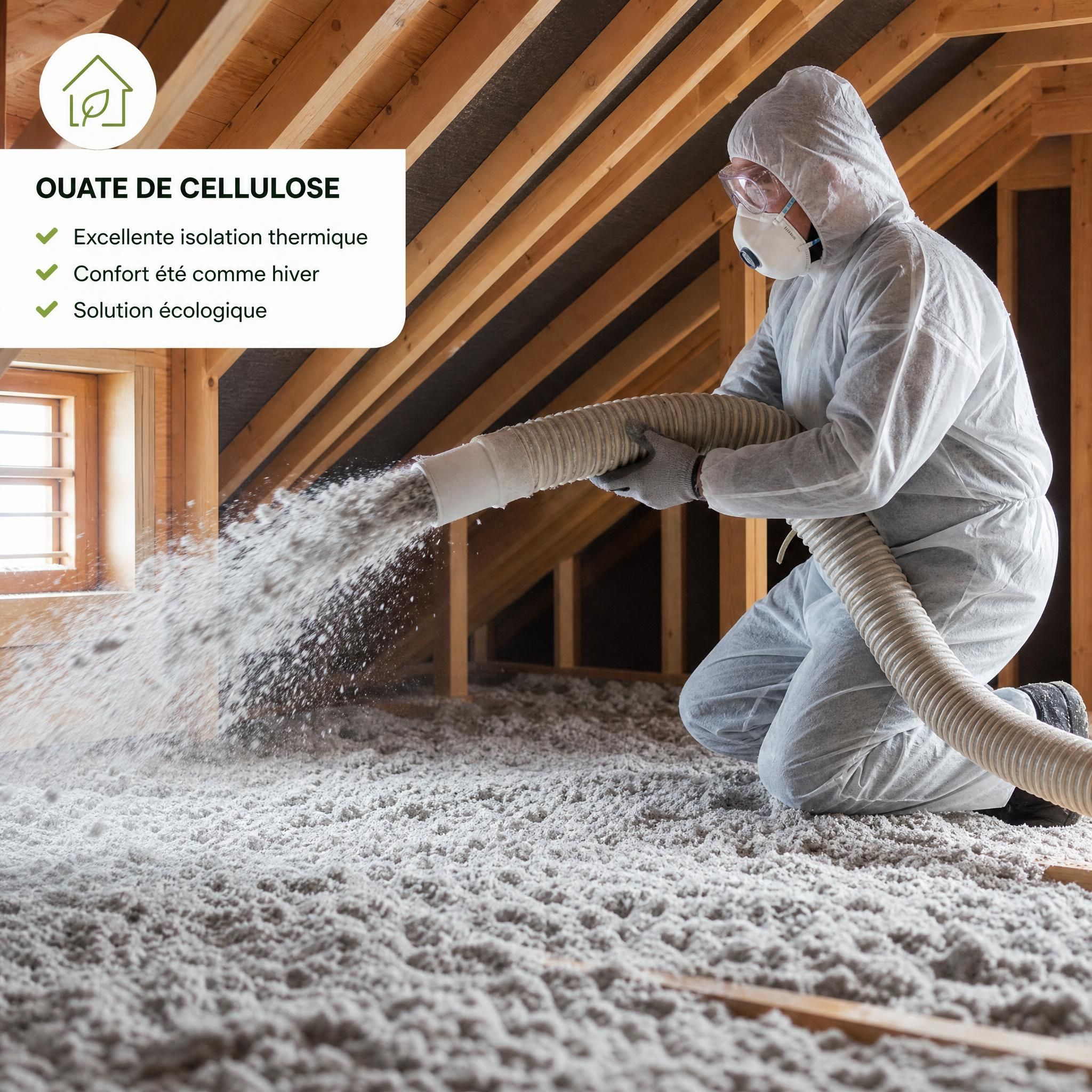Pose de ouate de cellulose par soufflage dans des combles perdus lors d'une rénovation