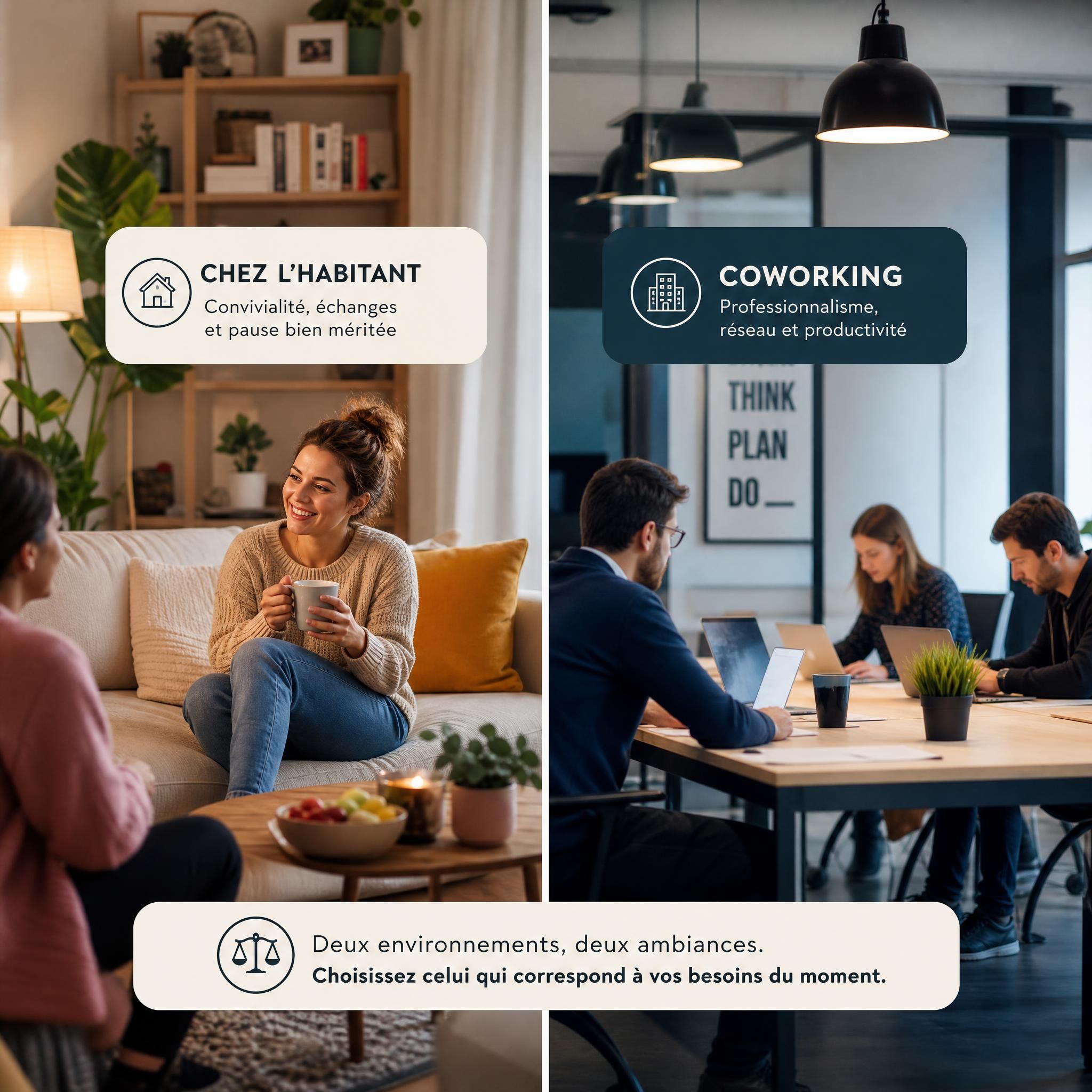 Personne en pause dans un salon chaleureux chez un particulier, atmosphère conviviale et humaine, contraste avec un espace de coworking professionnel