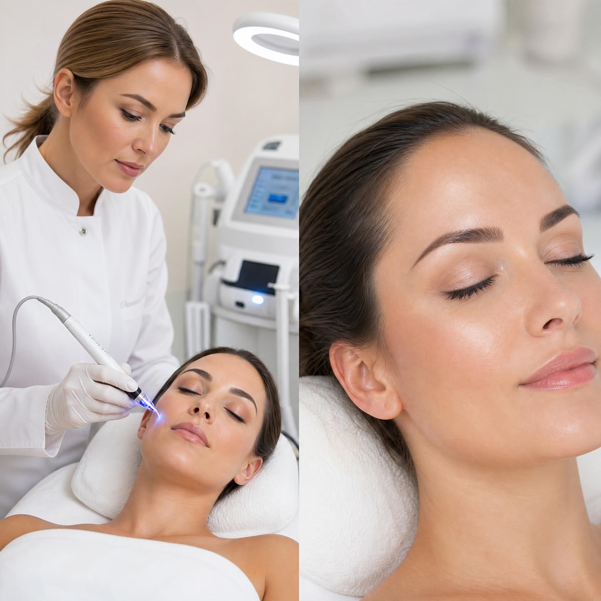 Professionnelle esthéticienne réalisant un soin plasma froid sur le visage d'une cliente dans un institut moderne et lumineux