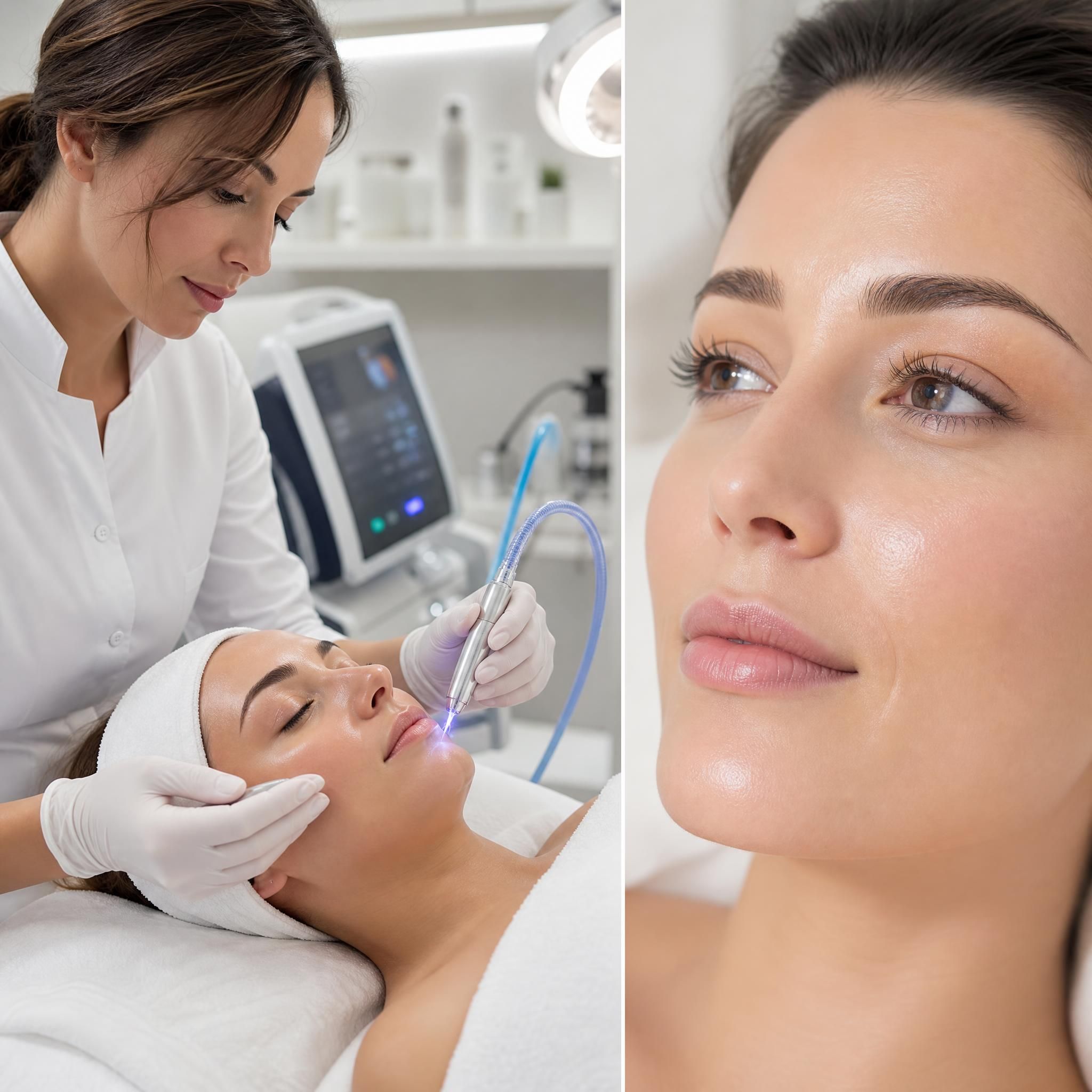 Schéma illustrant le mécanisme d'action du plasma froid sur les couches de la peau et la stimulation des fibroblastes