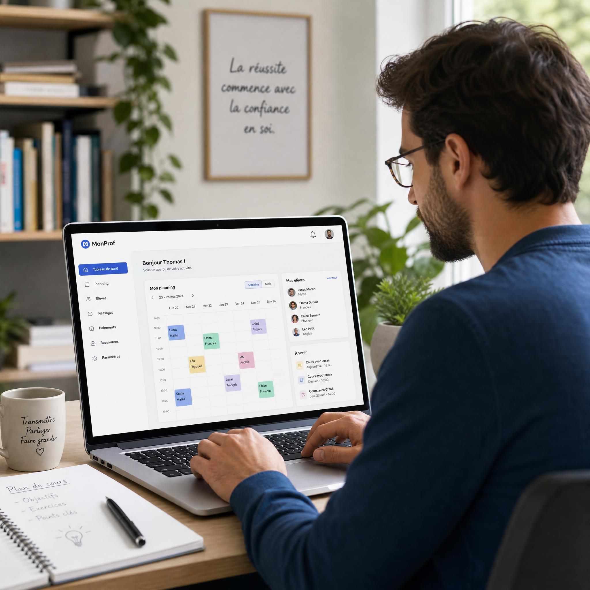 Professeur particulier indépendant utilisant une plateforme numérique sur son ordinateur pour gérer son planning et ses élèves