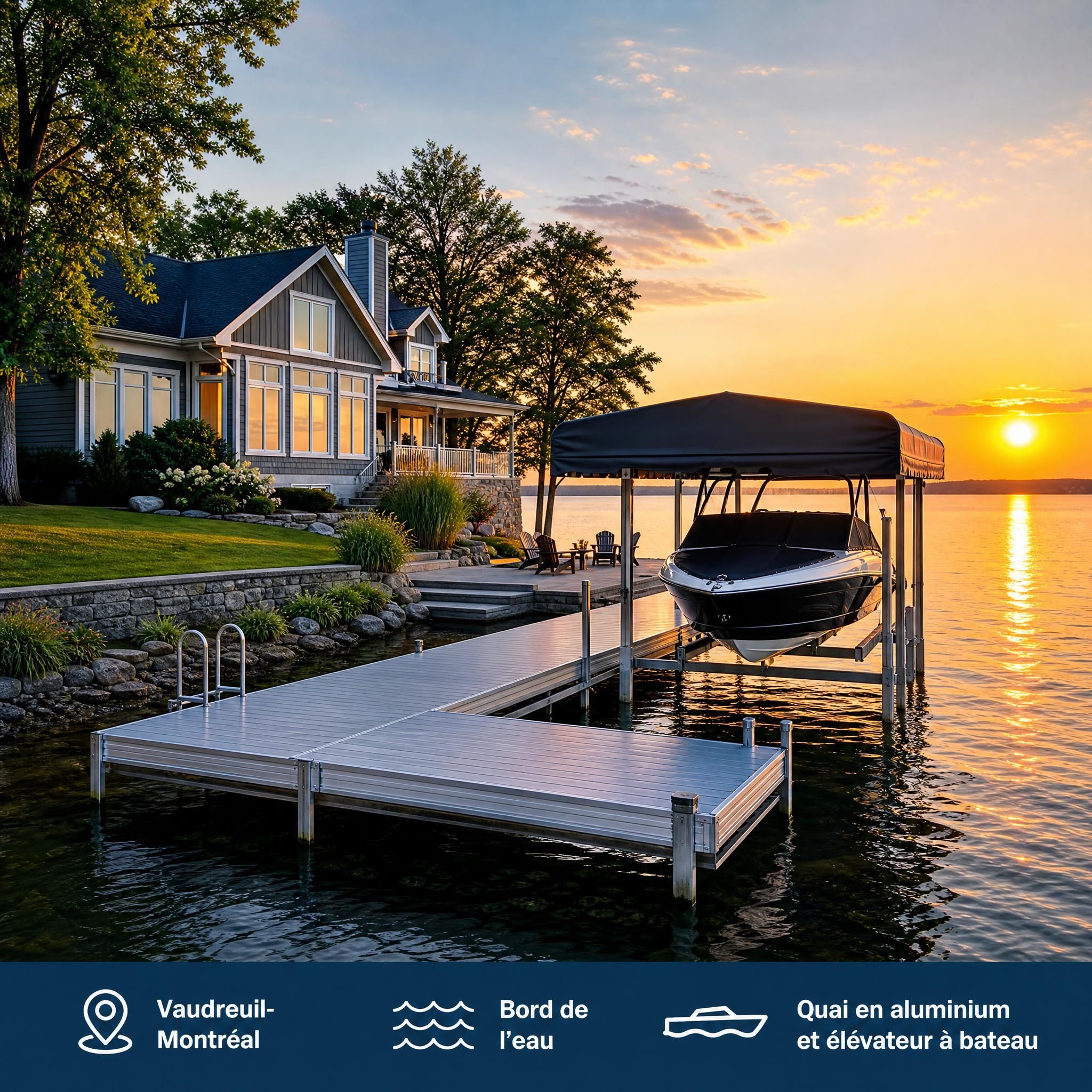 Belle propriété riveraine au coucher de soleil avec un quai en aluminium moderne et un élévateur à bateau, région de Vaudreuil-Montréal, Québec