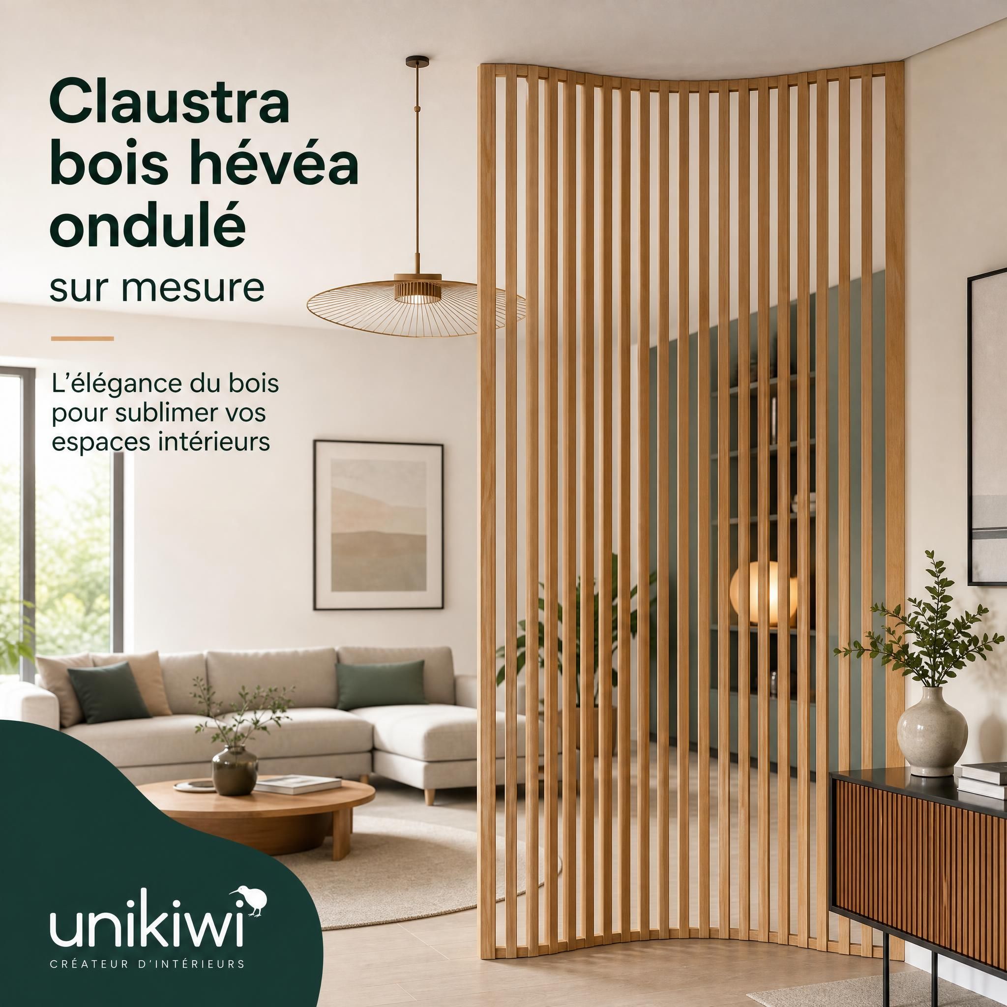 Claustra bois hévéa ondulé sur mesure dans salon contemporain - Unikiwi
