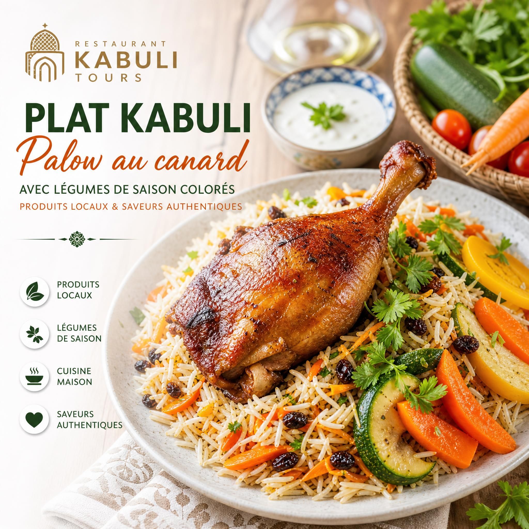 Plat Kabuli Palow au canard avec légumes de saison colorés, produits locaux Restaurant Kabuli Tours