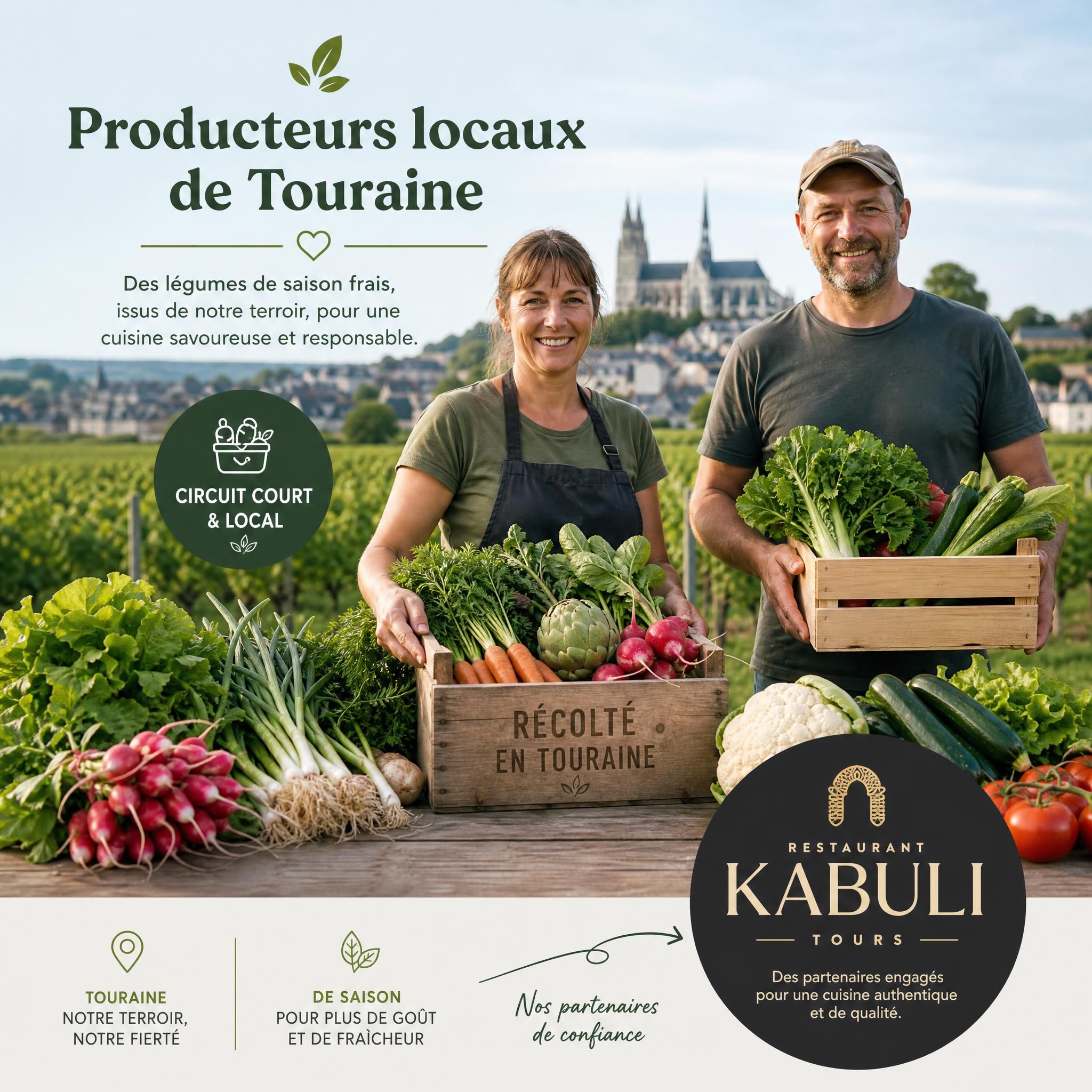 Producteurs locaux de Touraine avec légumes de saison frais, partenaires Restaurant Kabuli Tours